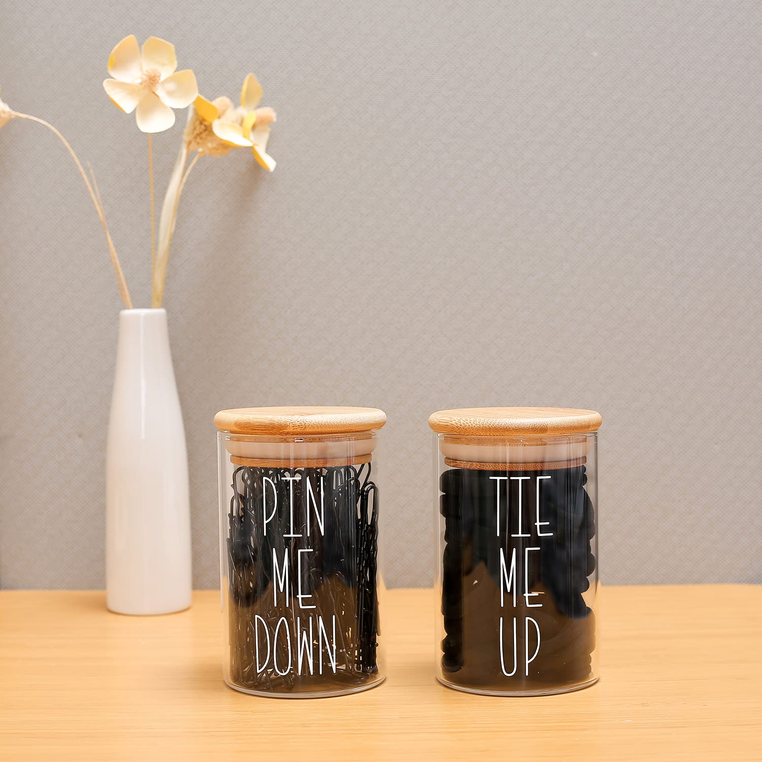 MOMEEMO Apothecary Jars with Lids Storage Organizer  Hair Tie Organizer & Bobby Pin Holder are Great for Bamboo Bathroom Accessories  Decor Farmhouse Style. (Hair Ties & Pins)
