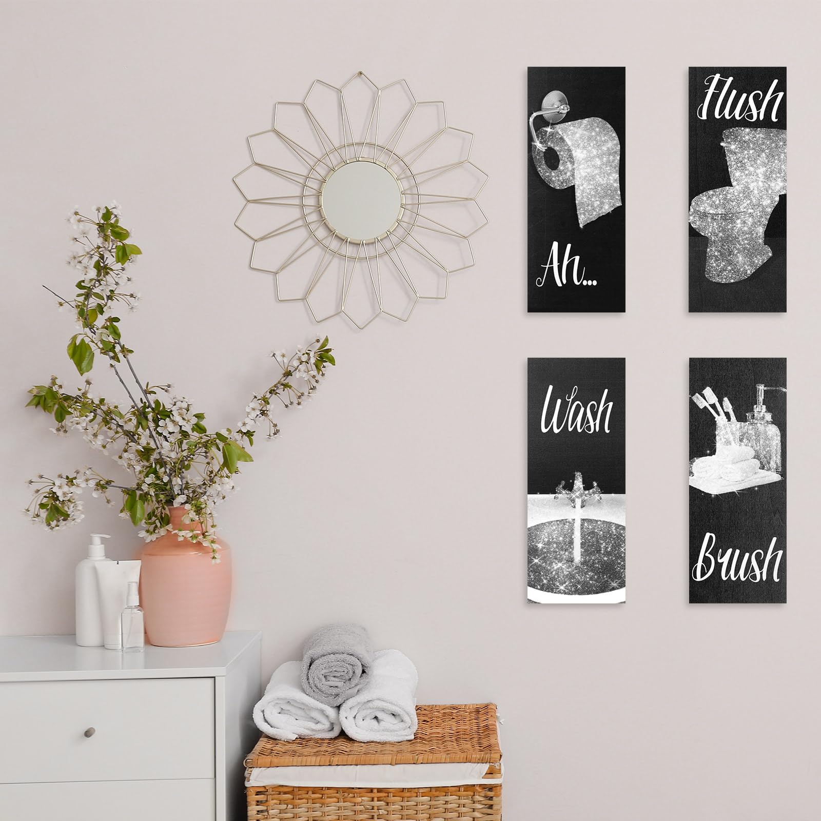 Chinco 4 Pcs Women Funny Wall Art Bathroom Decor 9.84 x 3.94 x 0.2 Inch Glam Bathroom Wall Decor Modern Women Funny Bath Wood Ha