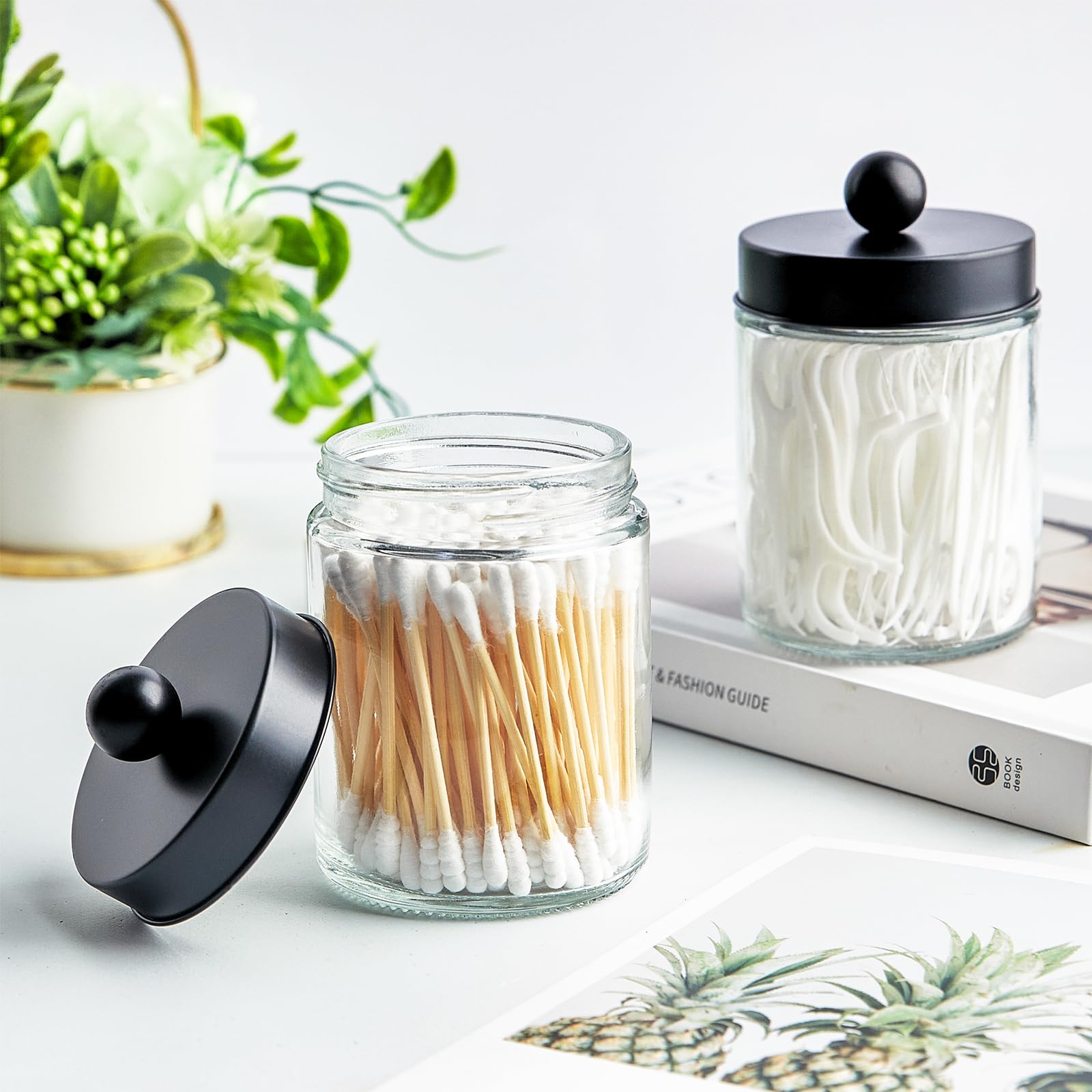 2 Pack Glass Apothecary Jars With Lids And Labels - Bathroom Counter Storage Jars, Qtip Holders Vanity Countertop Canisters (Cle