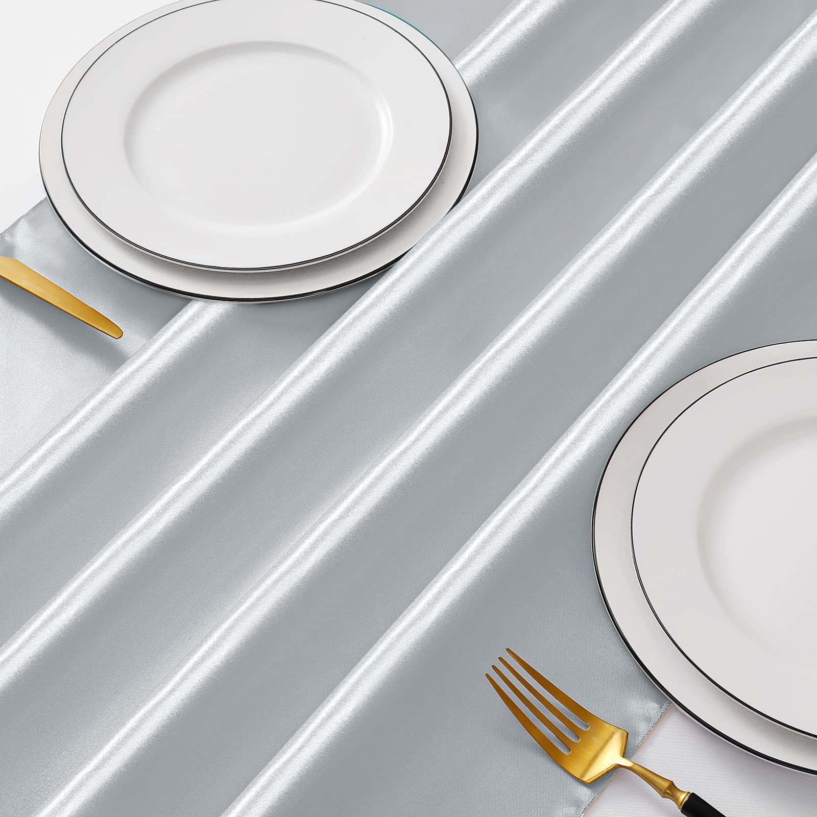 Manyshofu 12Pcs Satin Silver Table Runner - 12 x 108 Inch Long Size  Party Table Runner Decor Bright & Smooth Wedding Decorations Table Runner for Banquet Chef Birthday Buffet Dinner Graduations