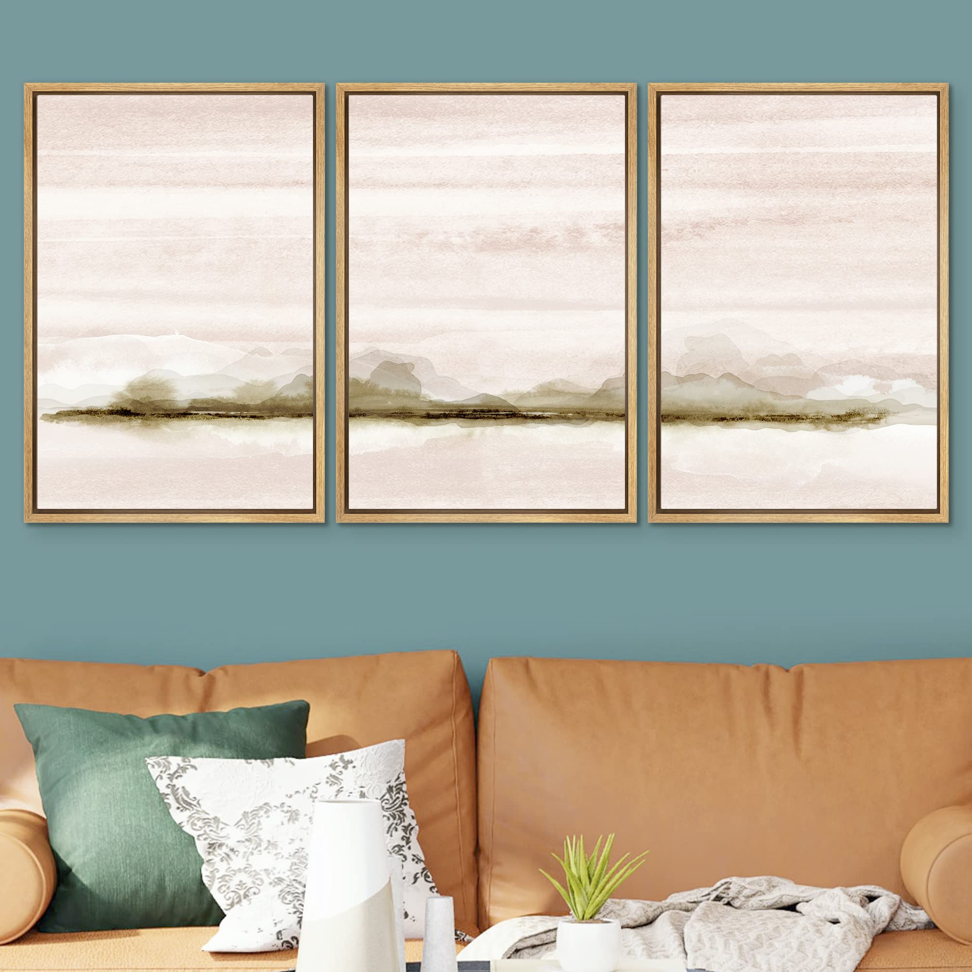 Signwin Framed Canvas Print Wall Art Set Pastel Watercolor Island Lake View Nature Wilderness Illustrations Modern Art Rustic Sc