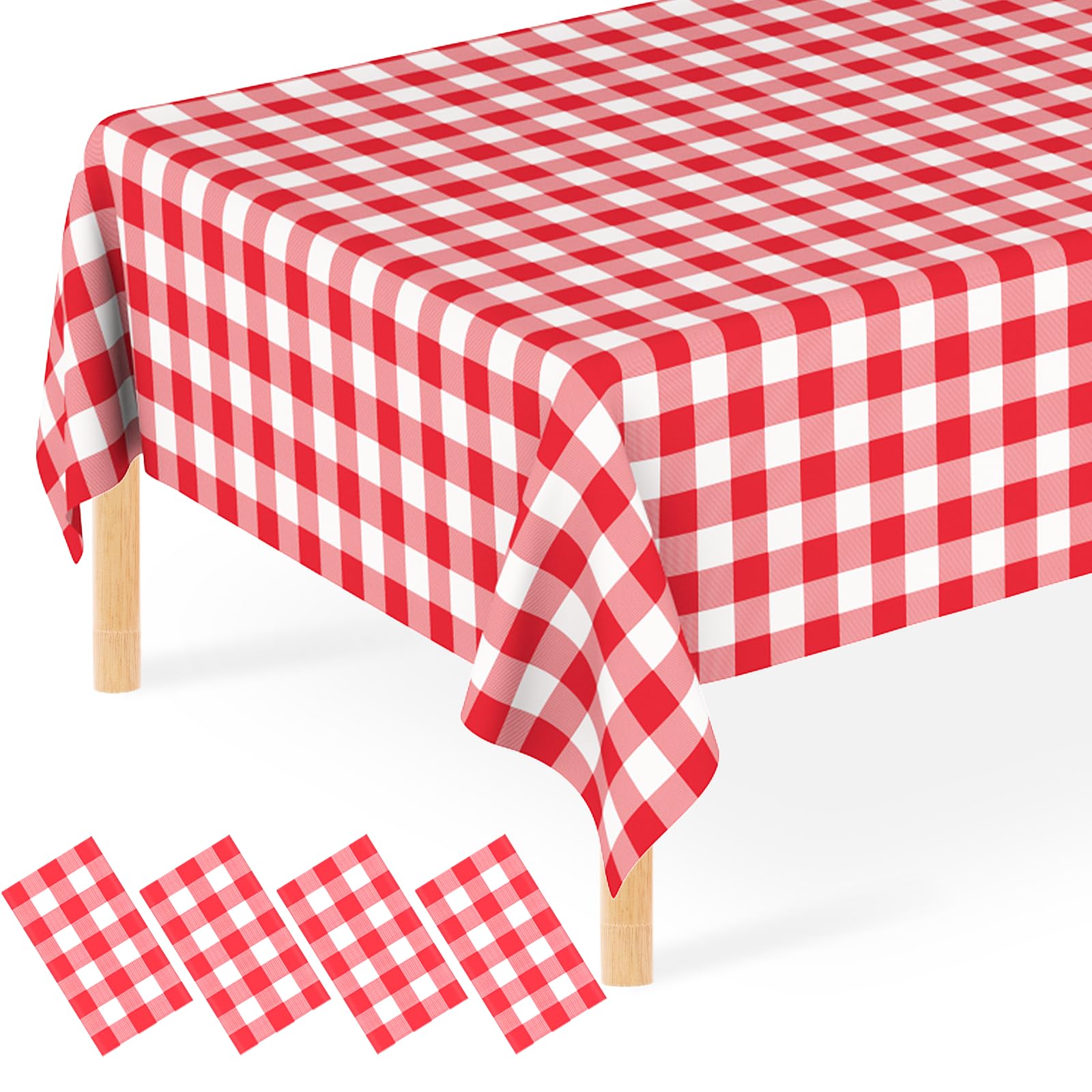 JCTHKUKU 4 Pcs Red Gingham Tablecloth, Disposable Plastic Red Checkered Table Cloth, Red & White Plaid Table Cover for Outdoor P