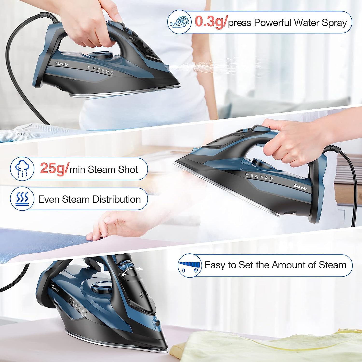 Sundu Steam Iron For Clothes With Rapid Heating Ceramic Coated Soleplate, 1700W With Precise Thermostat Dial, Self-Cleaning, Aut
