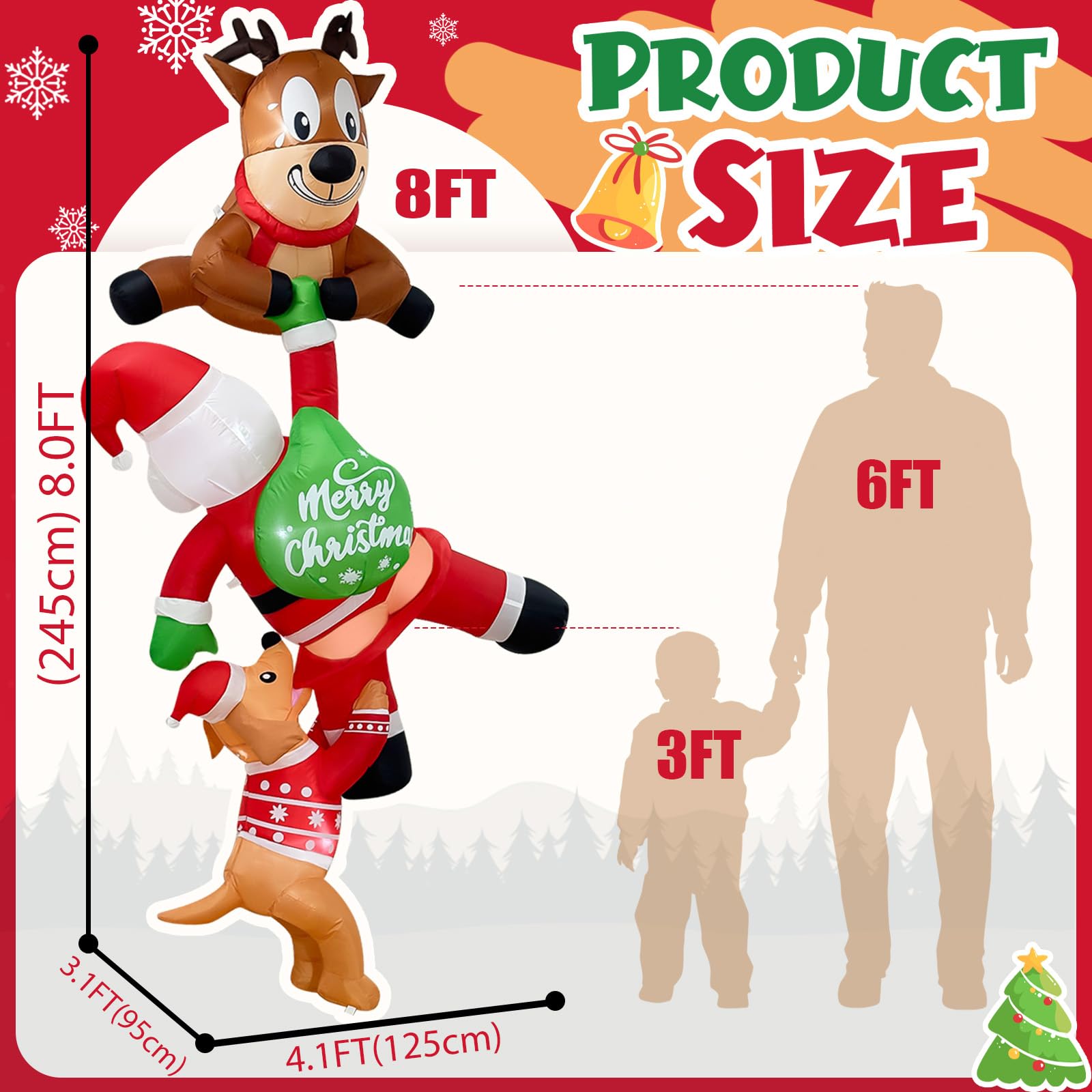 Fayavoo 8 FT Hanging Christmas Inflatable Outdoor Decoration, Inflatable Reindeer Pulling Santa and Dog, Funny Christmas Blow Up