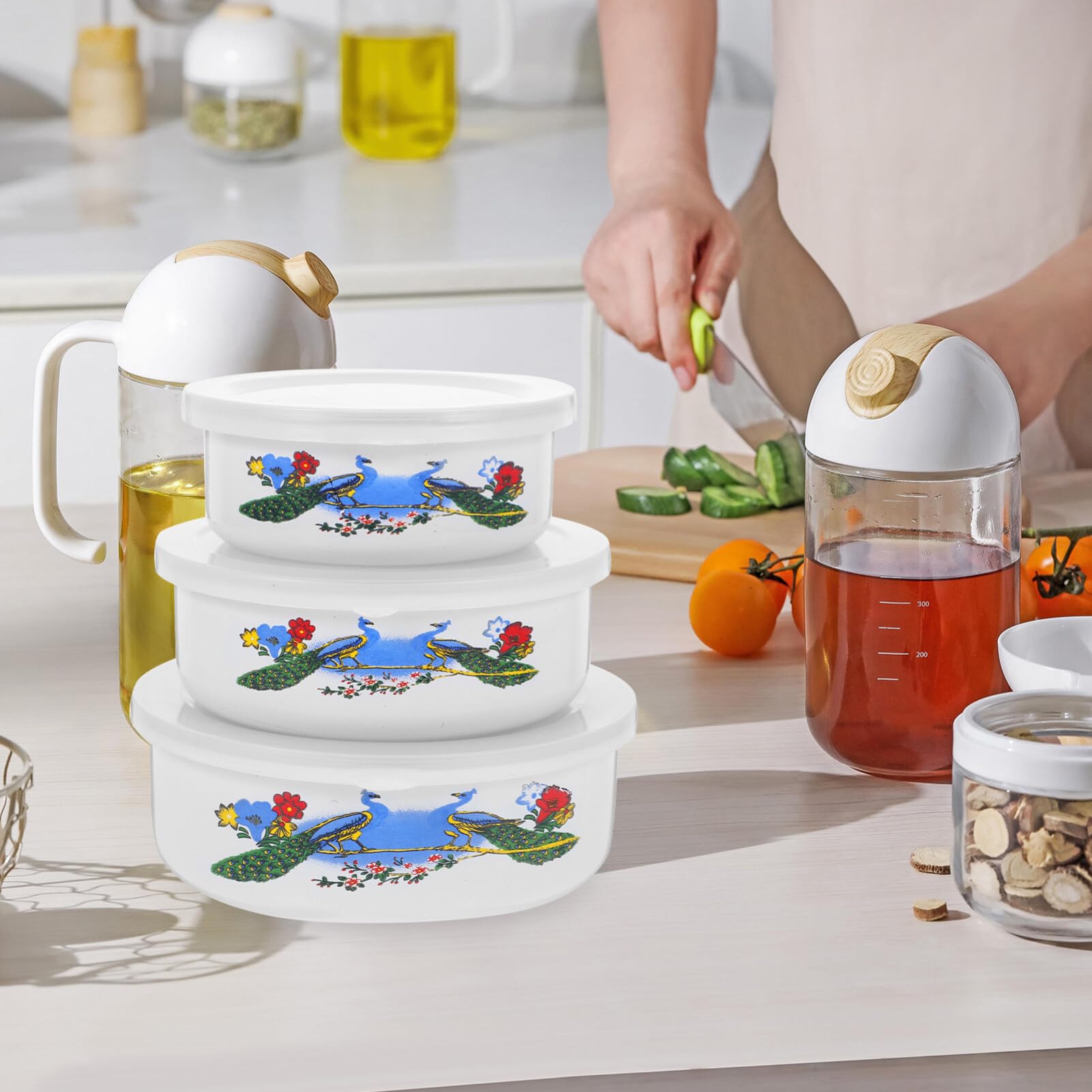 Kichvoe 3Pcs Enamel Mixing Bowl Set Vintage Enamel Bowl With Lid Chinese Style Soup Basin Salad Fruit Food Storage Container Pre