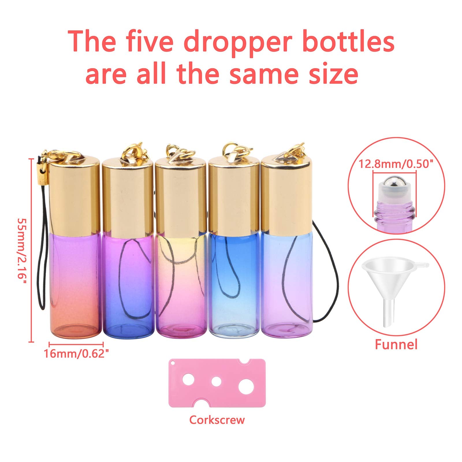 Jiuwu 15 Pack 5Ml Stainless Steel Ball Roller Bottles With Gold Cap Gradient Color Glass Essential Oil Roller Bottle For Perfume