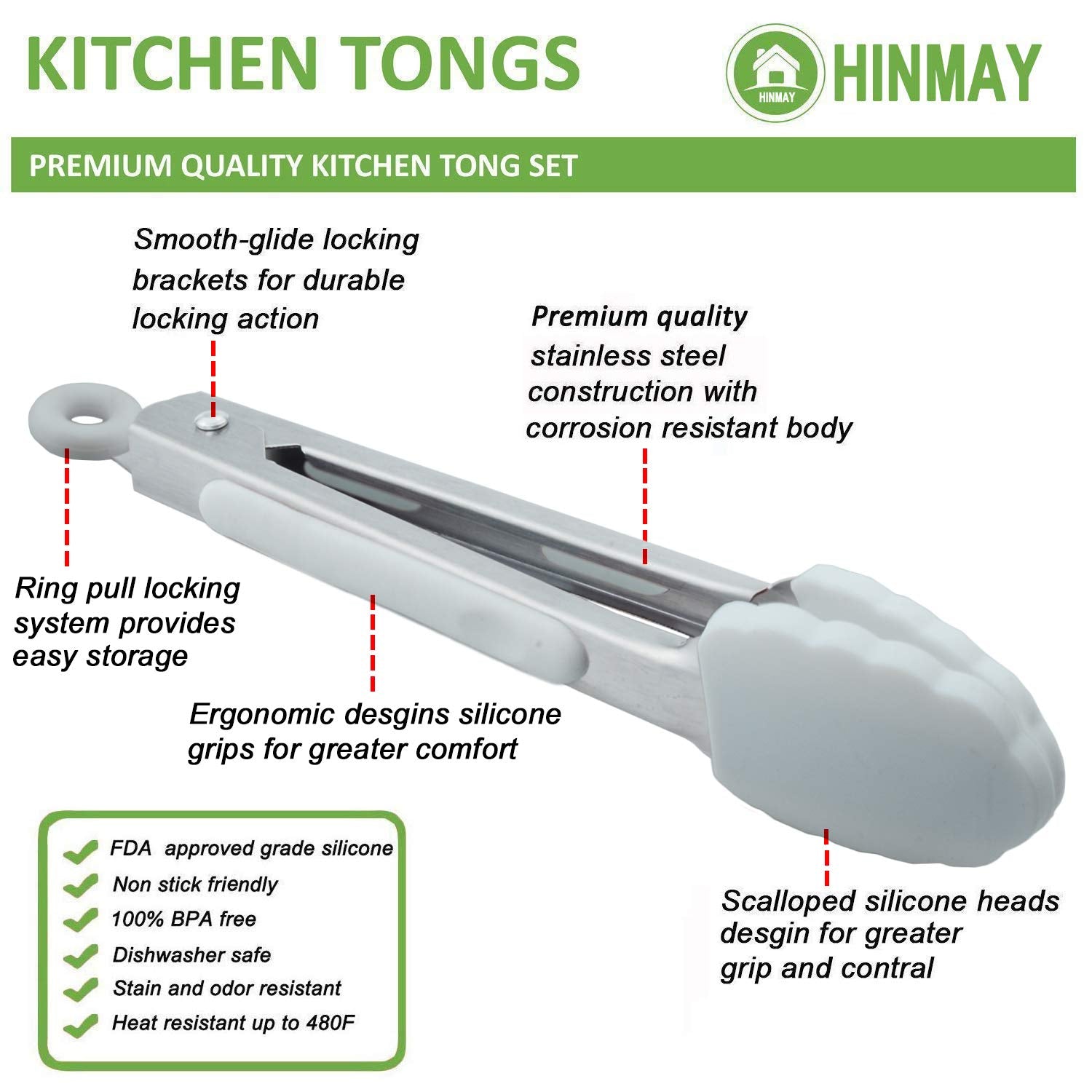 Hinmay Mini Silicone Tongs 7-Inch Small Salad Tongs, Set Of 3 (White)