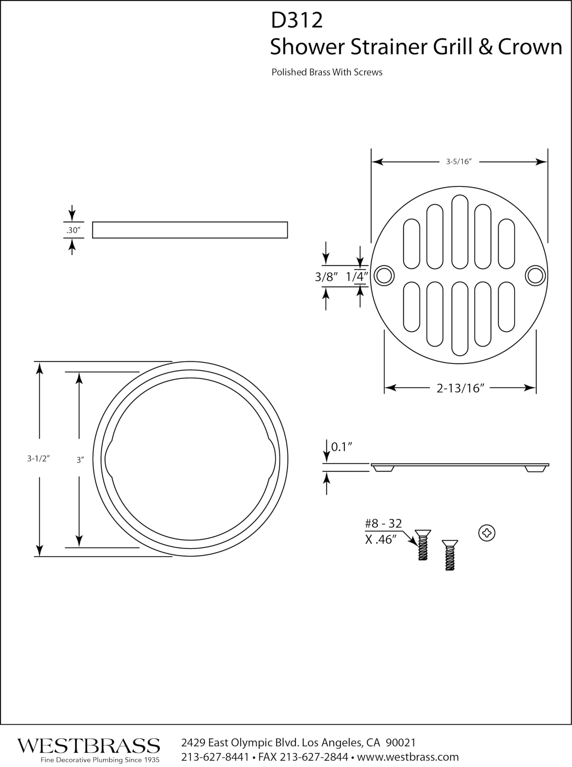 Westbrass Shower Strainer Set With Screws, Grill And Crown, Polished Chrome, D312-26