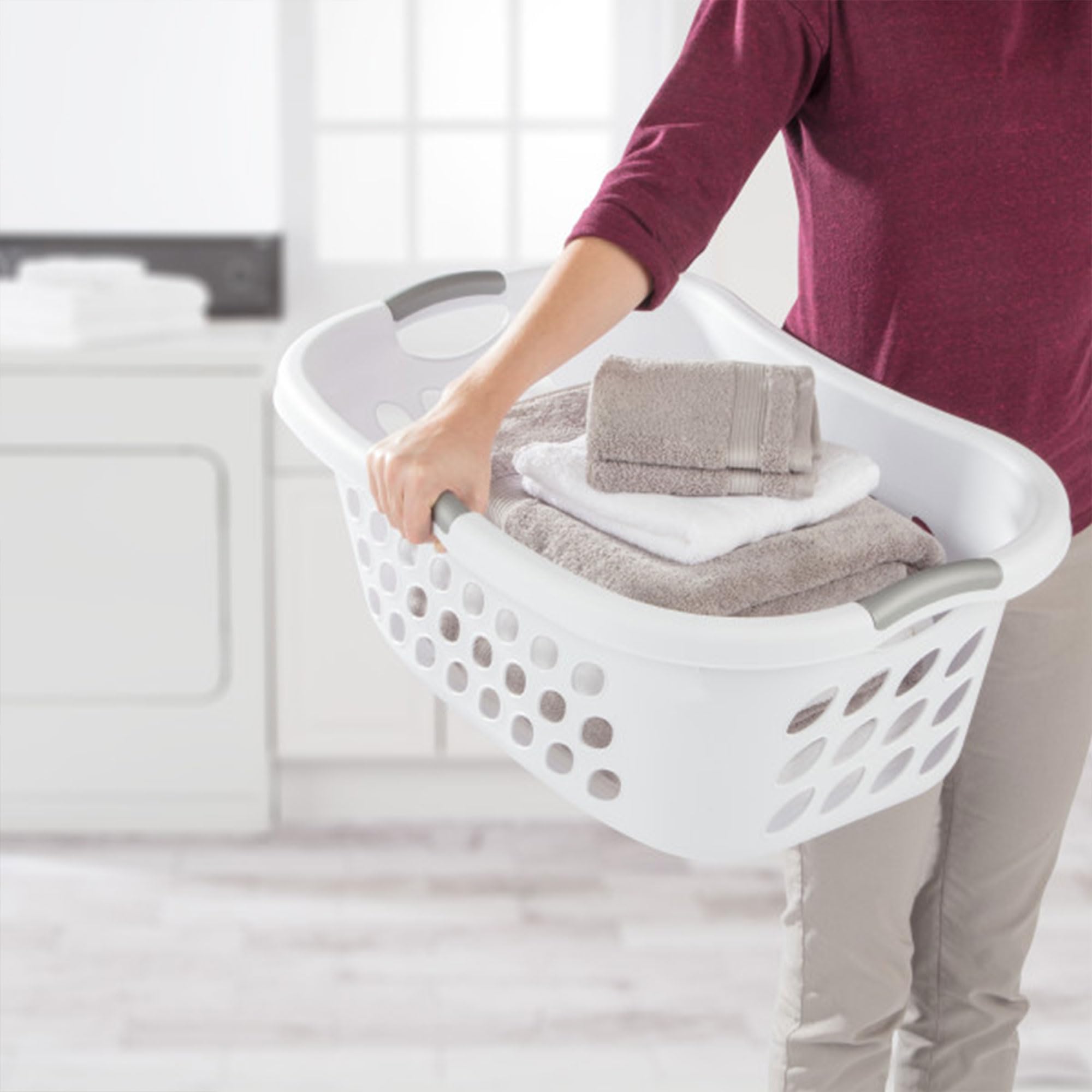Sterilite Ultra HipHold Laundry Basket, 6-Pack, 1.25 Bushel, White, Plastic, Model 12108006, Contoured with Comfort Grip Handles