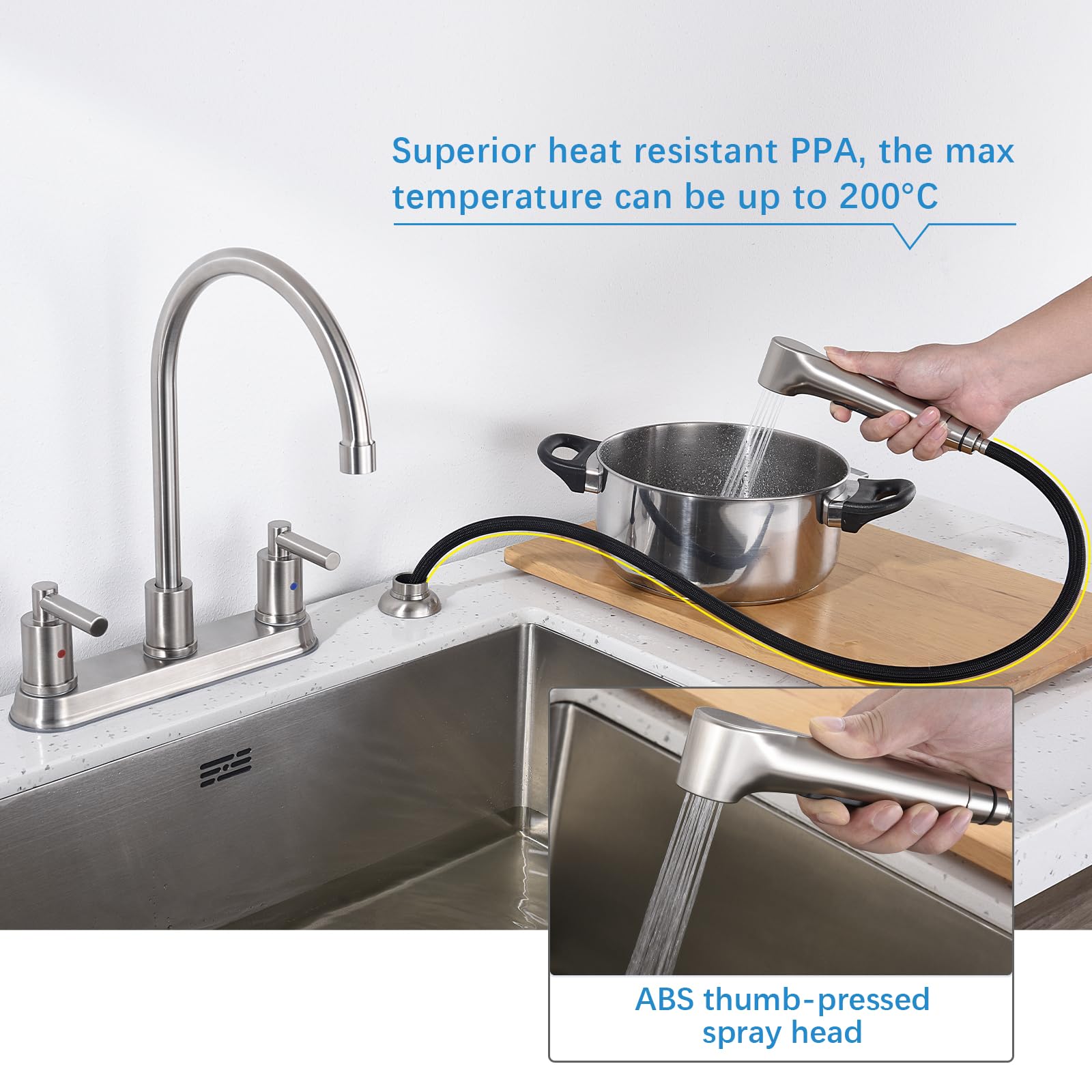 Arrisea 2 Handle Kitchen Sink Faucet With Side Sprayer, Two Handle 4 Holes 8 Inch Centerset Kitchen Faucets With 24 Inch Pull-Ou