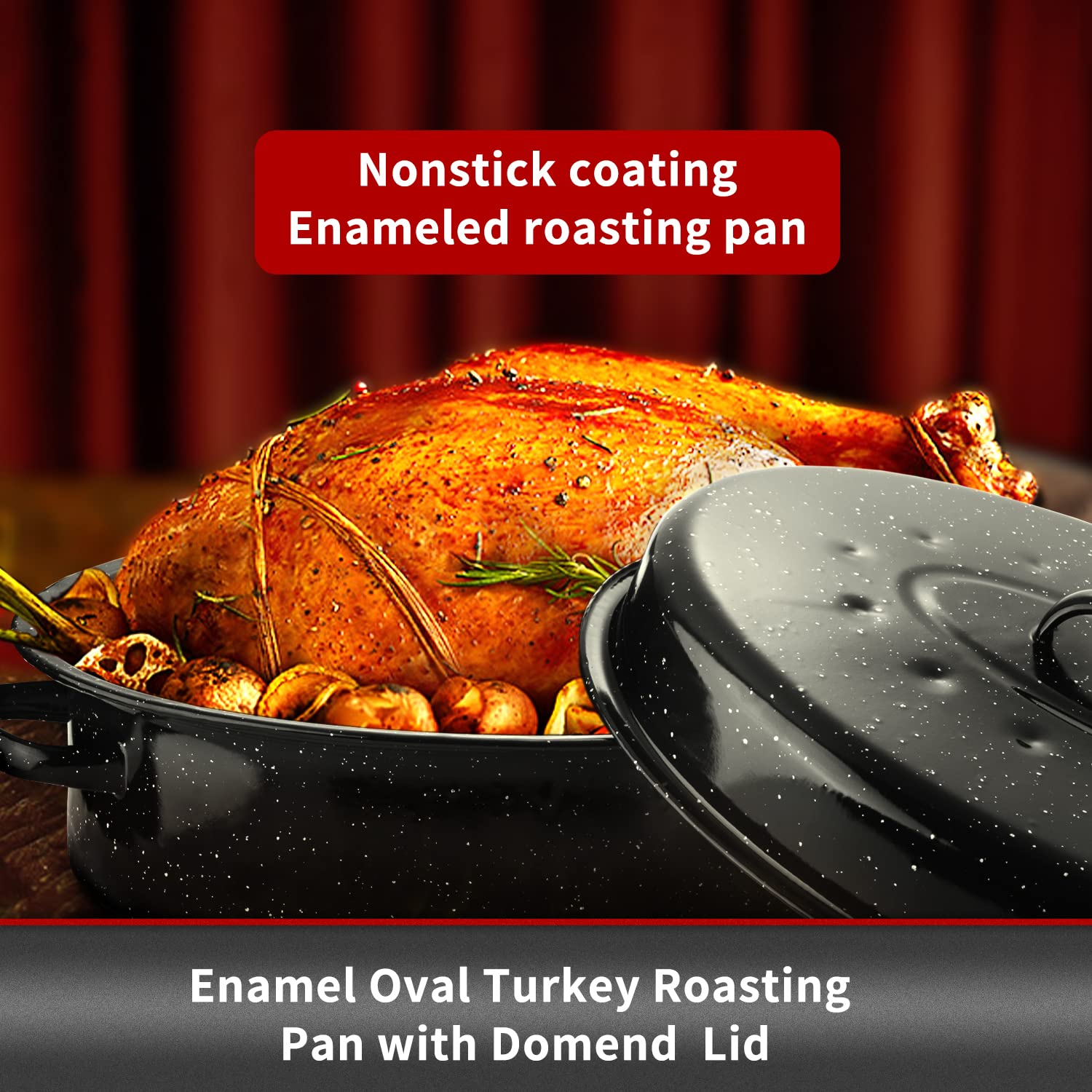 JY COOKMENT Enameled Oval Roaster 15.7" with Domed Lid - Black, Porcelain, Model JY-40, Dishwasher Safe for Turkey, Chicken, Ham