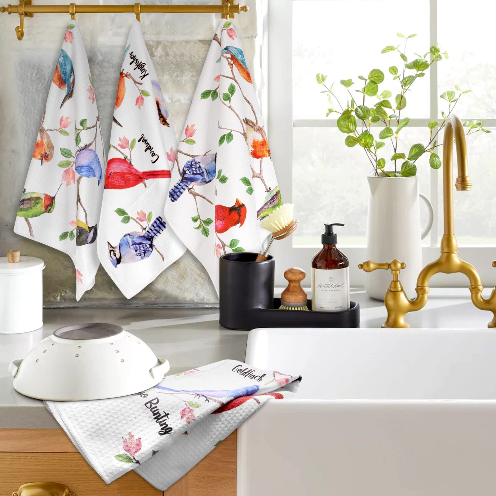Vansolinne Birds Kitchen Towels Birds On Branch Dish Towels Set Of 4 Cardinal Hummingbird Bluejay Absorbent Hand Towels Tea Towe