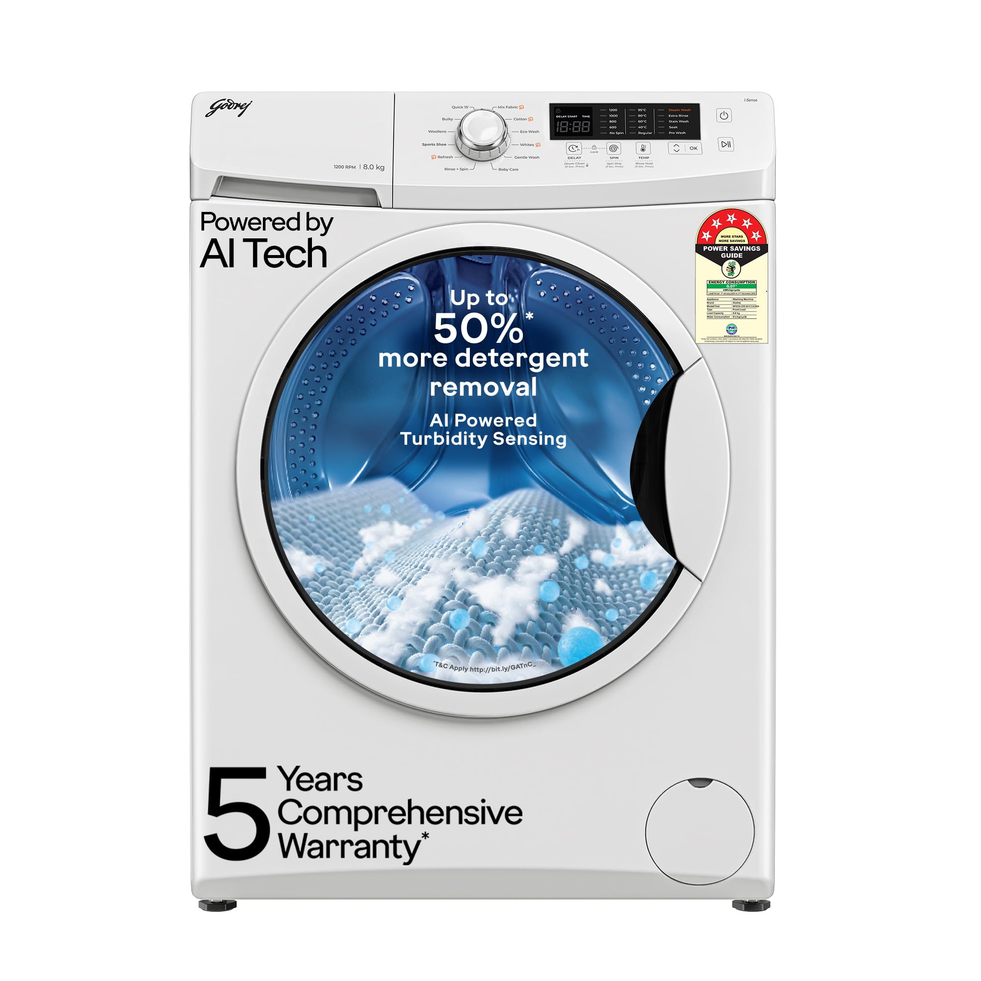 Godrej 8 Kg 5 Star, Ai Powered, Inbuilt Heater, Fabrisafe Drum, Eco Wash, Unbalanced Load Sensor, Stain Wash, Fully Automatic Fr