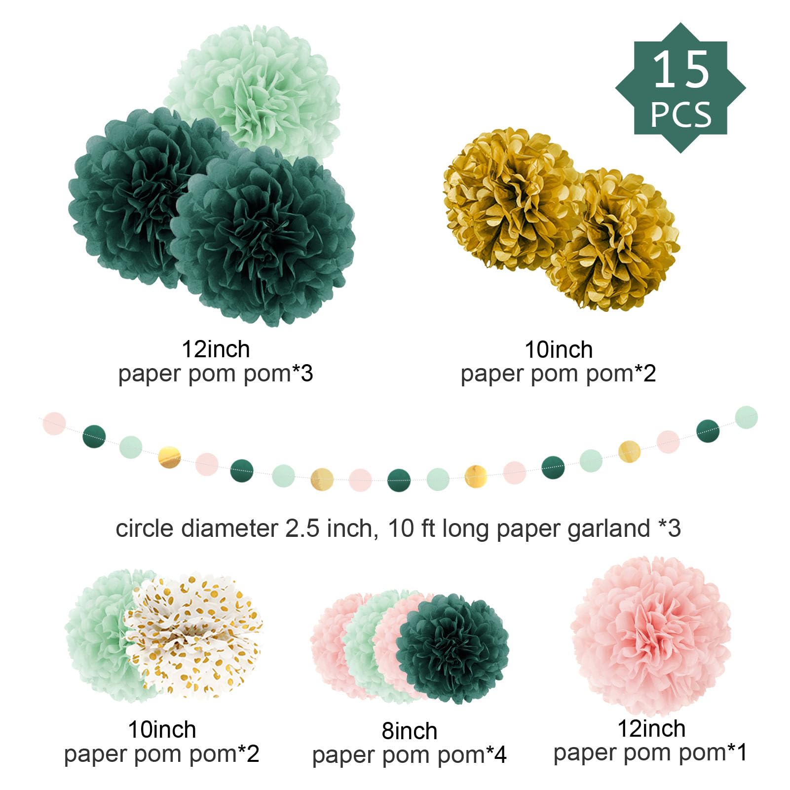 AOBKIAT Wedding Birthday Party Decorations Set 15PCS Sage Green Pink Tissue Paper Pompoms Circle Dots Paper Garland String Hanging Backdrop for Baby Shower  Boho Bridal Wedding Theme Decor