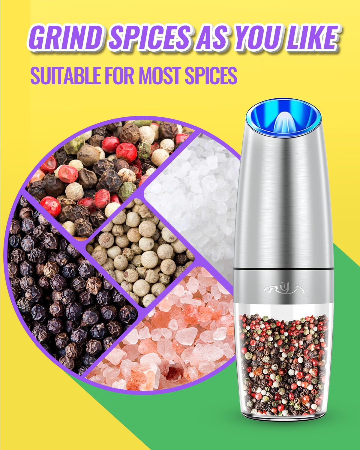 Rongyuxuan Gravity Electri Salt And Pepper Mill Set,Pepper Grinder With Ceramic Rotor,Acrylic Container,Stainless Steel Middle,B
