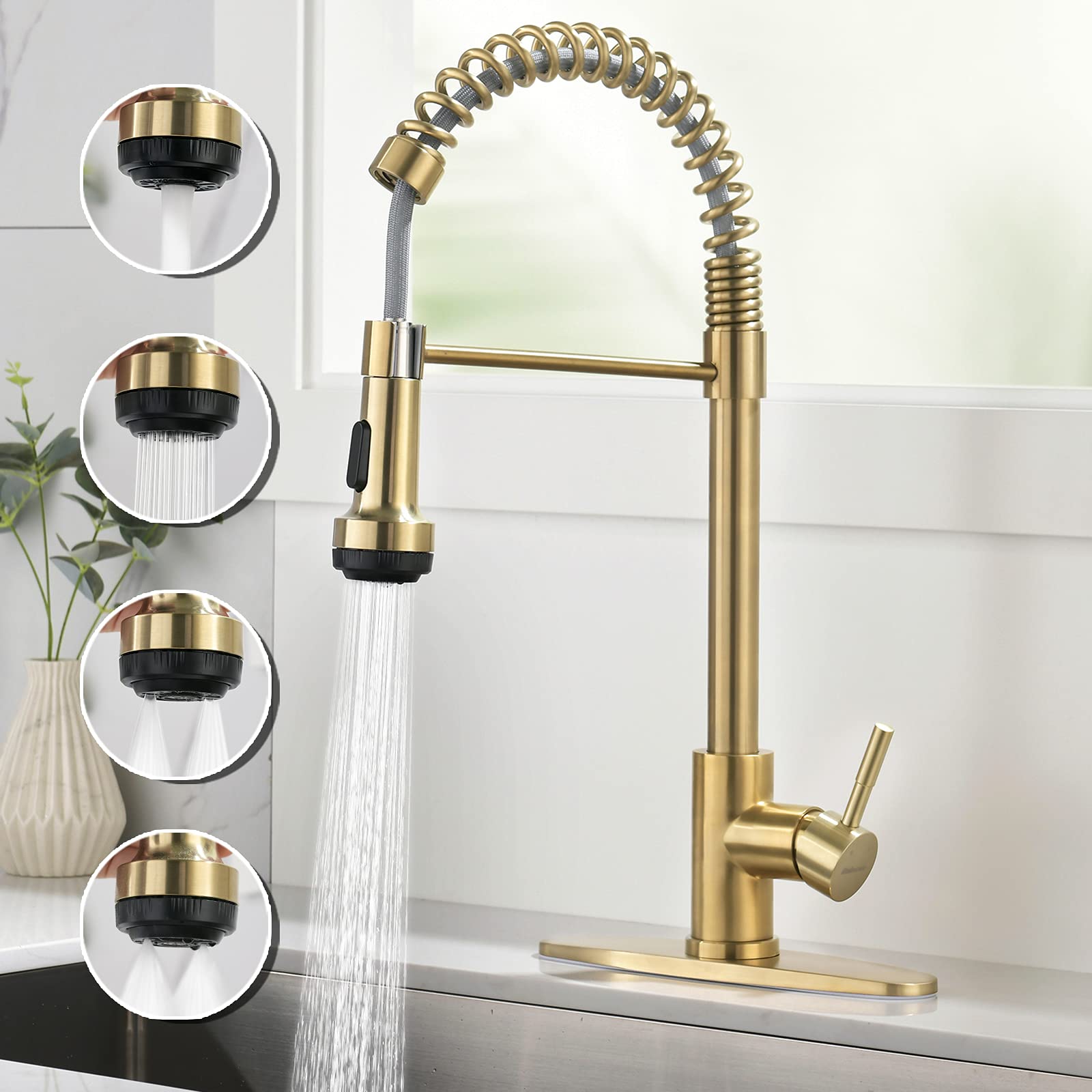 Rainovo Kitchen Faucet With 4 Mode Pull Down Sprayer Brushed Gold, Spring Kitchen Sink Faucet Stainless Steel With Deck Plate, S