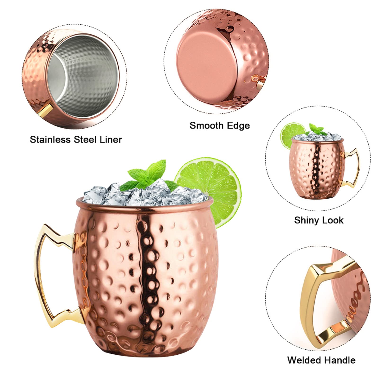Livehitop Moscow Mule Copper Mugs Set Of 4, Copper Cups With Straws, Jigger, Coasters, Straw Brush For Party, Bar, Stainless Ste