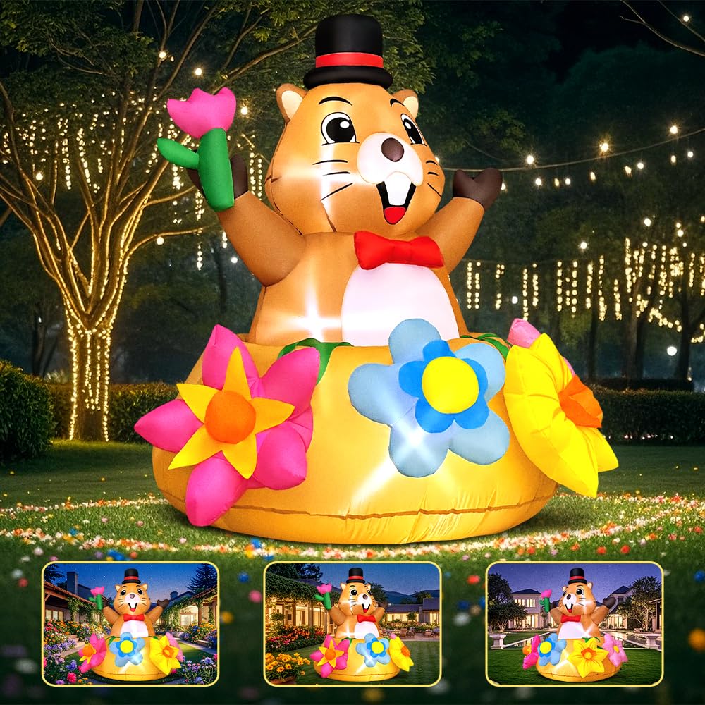 4FT Summer Inflatable Marmot Outdoor Decoration Blow up Animal Decoration, Built-in LED Lights for Spring Summer Easter Yard Gar