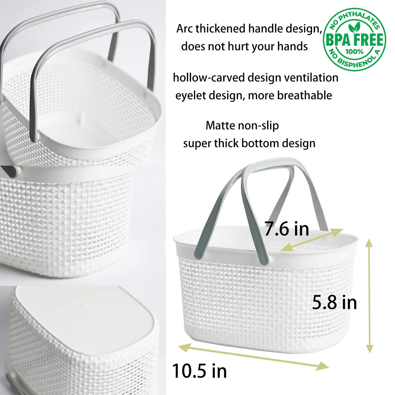 rejomiik Portable Shower Caddy Basket  Plastic Organizer Storage Tote with Handles for Bathroom  College Dorm  Kitchen - White