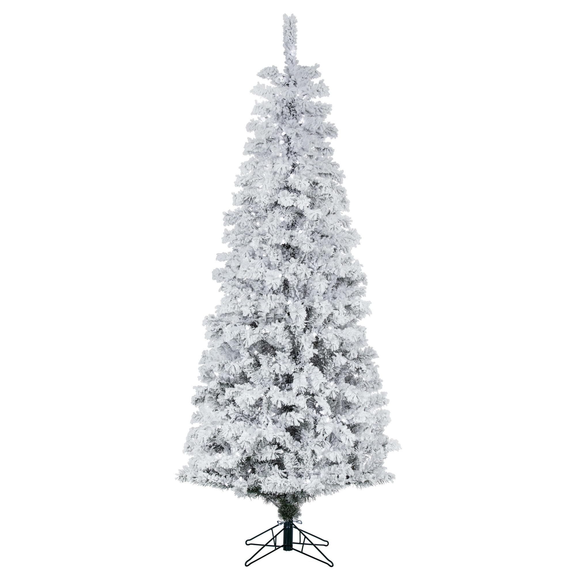 Vickerman 9.5' Flocked Pacific Pencil Artificial Christmas Tree, Warm White LED Lights - Lifelike Indoor Seasonal Home Decor - M
