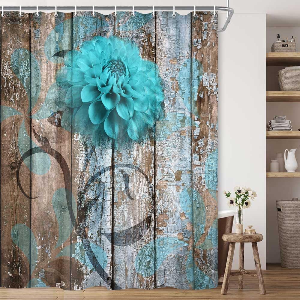 Jawo Farmhouse Flower Floral Shower Curtain, Rustic Teal Turquoise Dahlia Shower Curtain Set, Country Blue Wild Garden Plant Fab