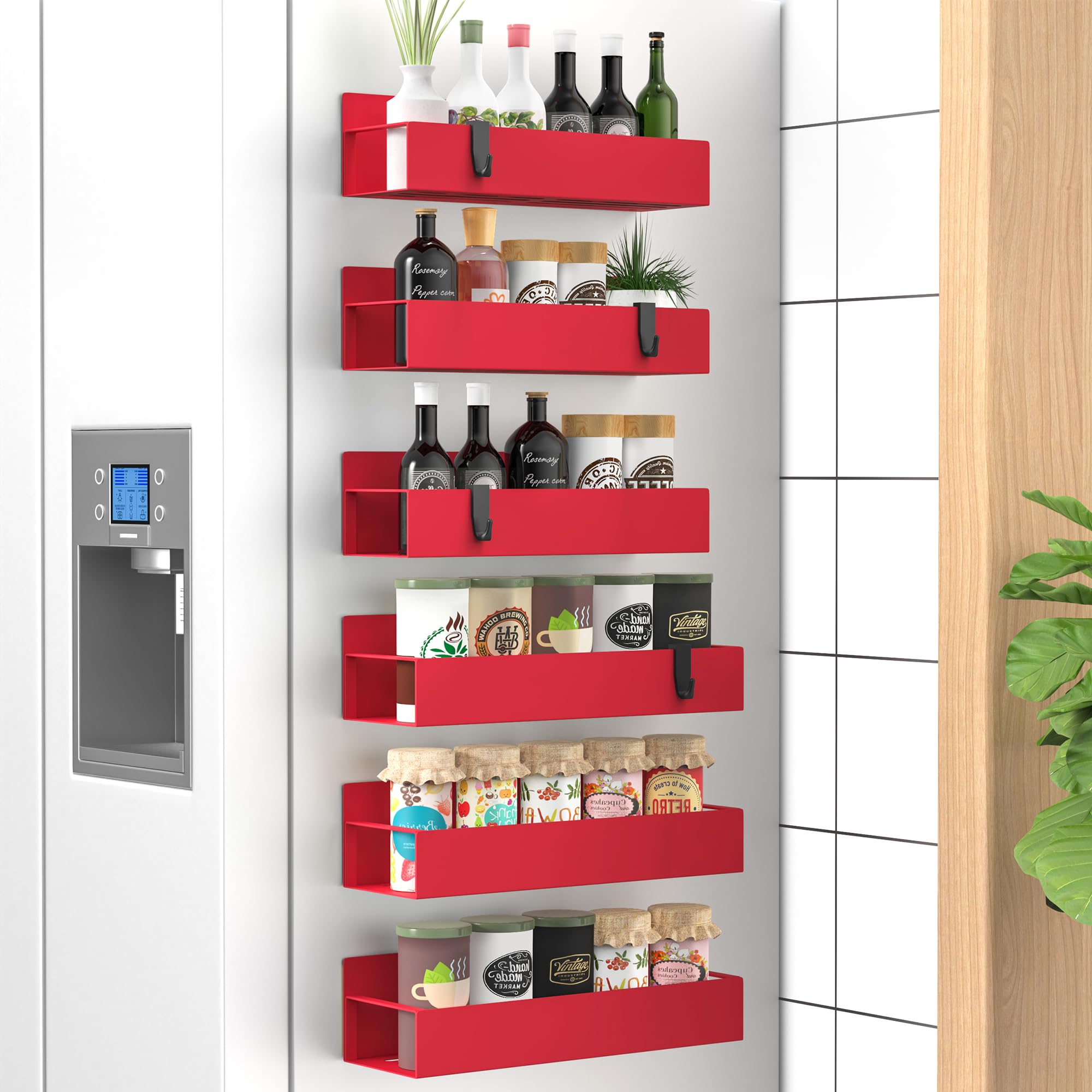 HuggieGems 6 Pack Magnetic Spice Storage Rack Organizer for Refrigerator and Oven, Red Fridge Organizers and Storage