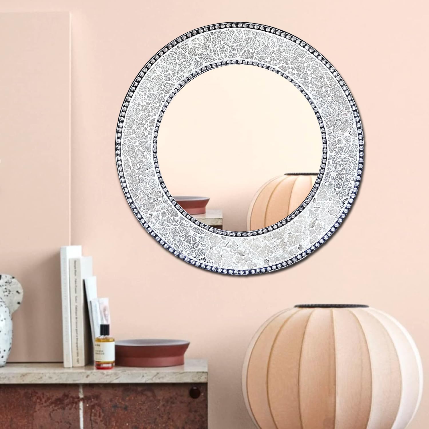 DecorShore Round Mosaic Mirror, Crackled Glass Bathroom Vanity Mirror, 24 Inch Decorative Mosaic Mirror, Mosaic Framed Wall Mirr