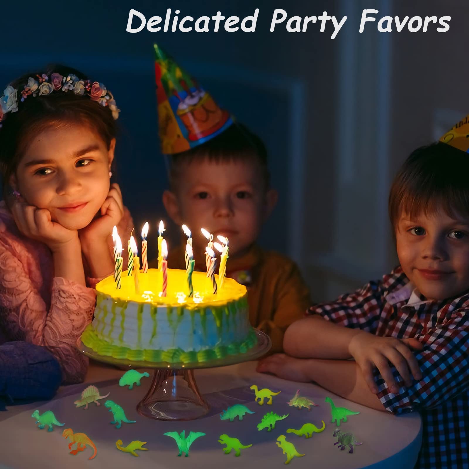 HAPTIME 16 Pcs Mini Dinosaur Figures  Small Luminous Dinosaur Toy  Glow in Dark Dinosaur Party Favors Cake Toppers  Plastic Dino Toys for Kids Christmas Stocking Stuffers Treasure Goody Bag