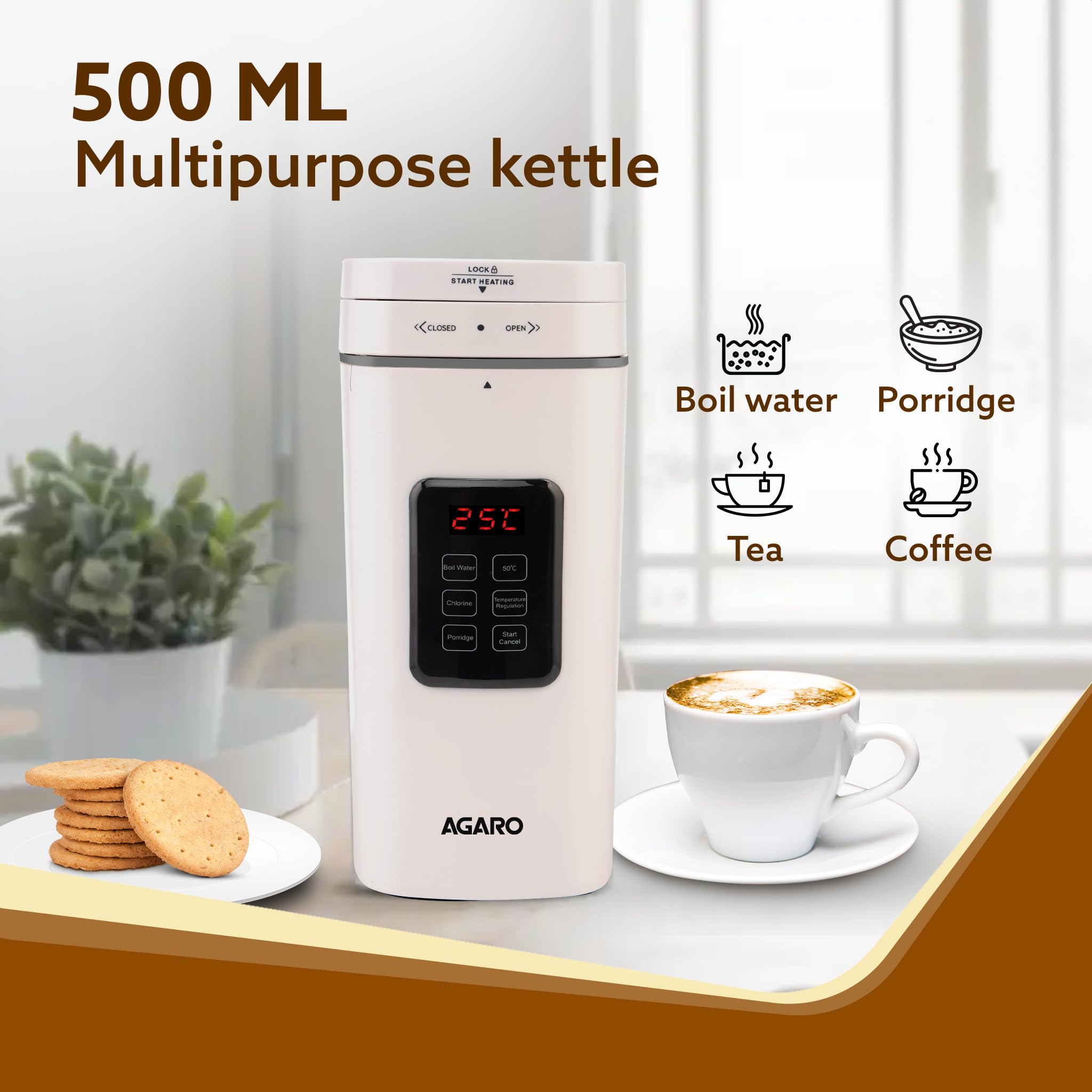 Agaro Delite Portable Electric Kettle, 500 Ml, Fast Boiling, Adjustable Temperature, Keep Warm, Dechlorination, Porridge, Double