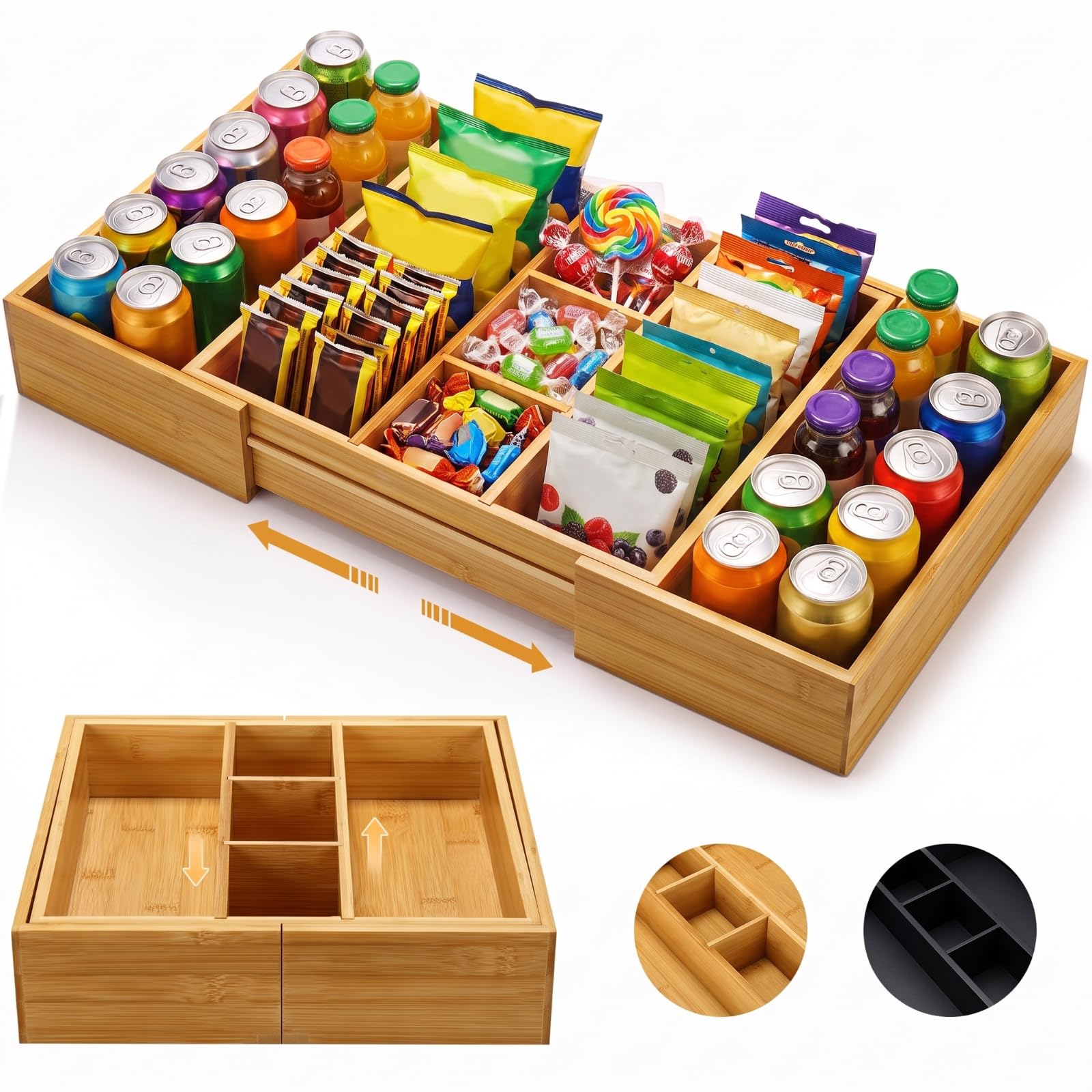 Expandable Wood Snack Organizer with Removable Dividers, Wood Color