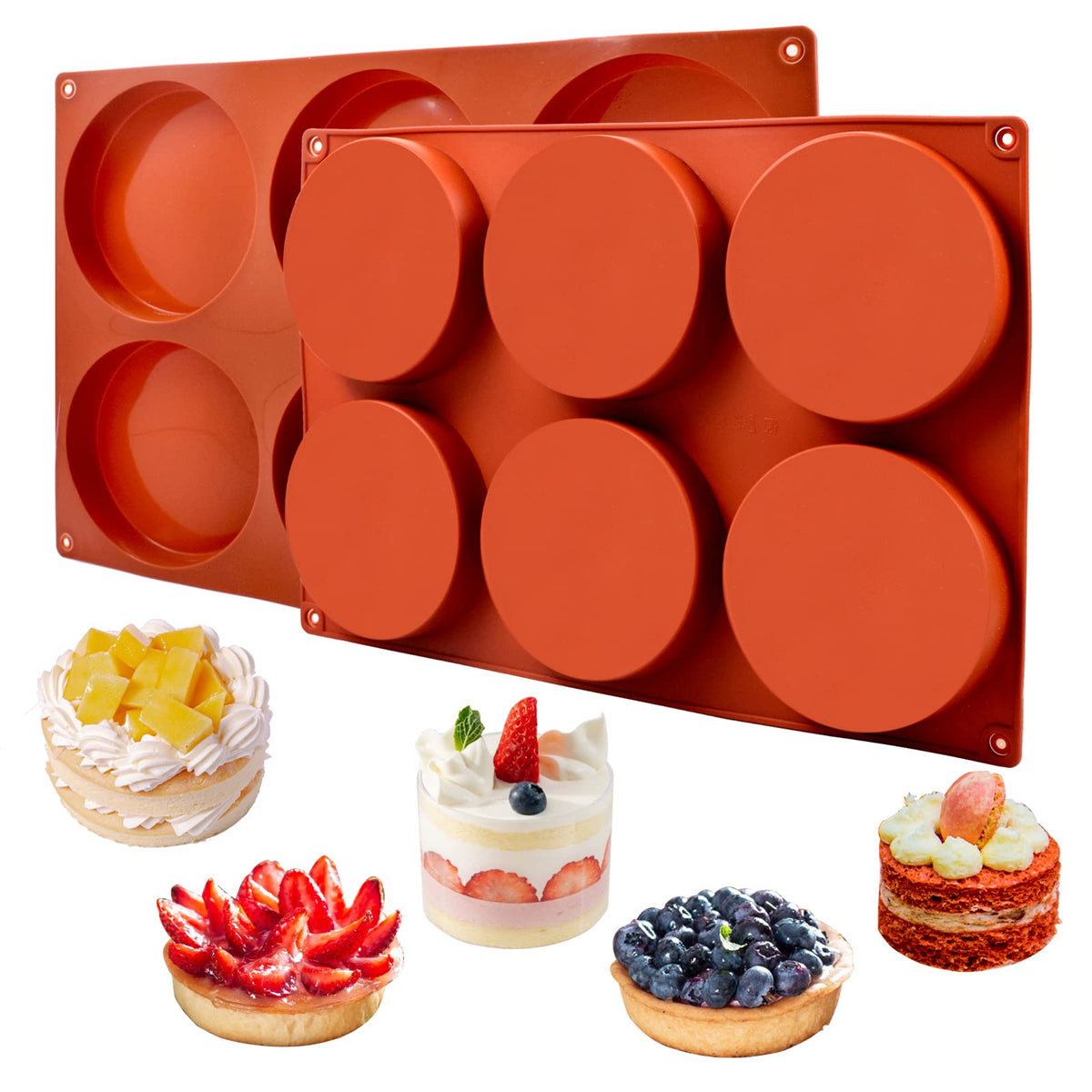 2 Pack Large Silicone Molds For Baking/Non-Stick 4 Inch 6-Cavity Round Silicone Baking Mold For Whoopie Pie Pan, Corn Bread, Can