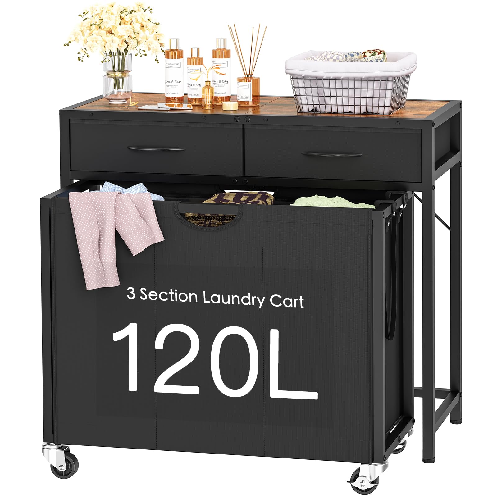 Laundry Sorter, Rolling Laundry Hamper With 3 Section Pull-Out Bags, Laundry Basket Organizer With 2 Drawers & 2-Tone Top Panel,