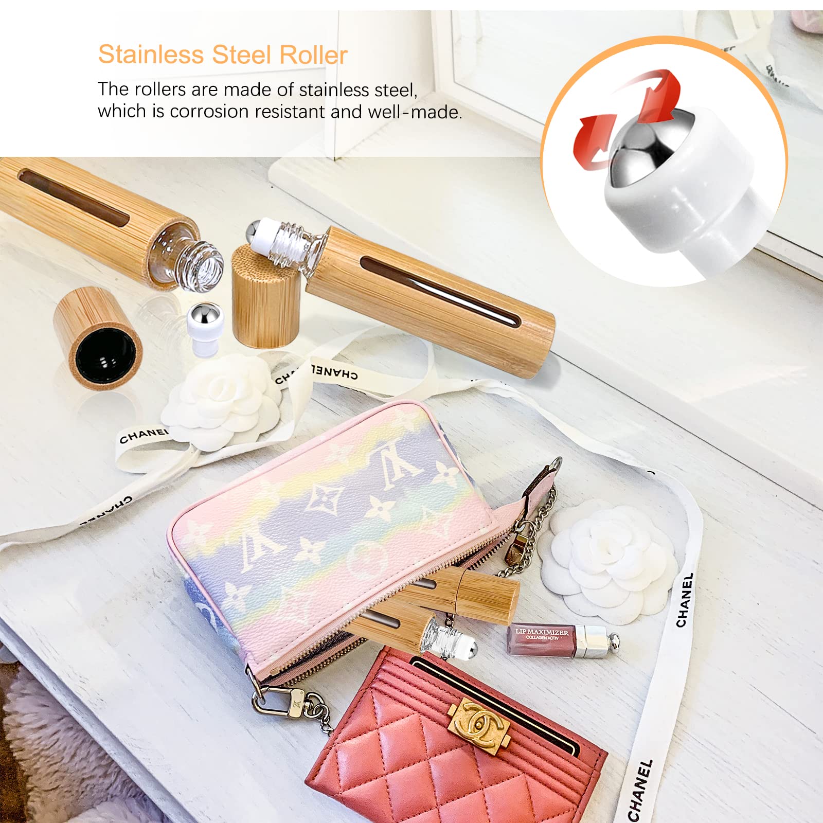 Kalyloc 12Pcs 10Ml Bamboo Roll On Bottles For Essential Oils, Refillable Perfume Sample Bottles With Stainless Steel Roller, Ess