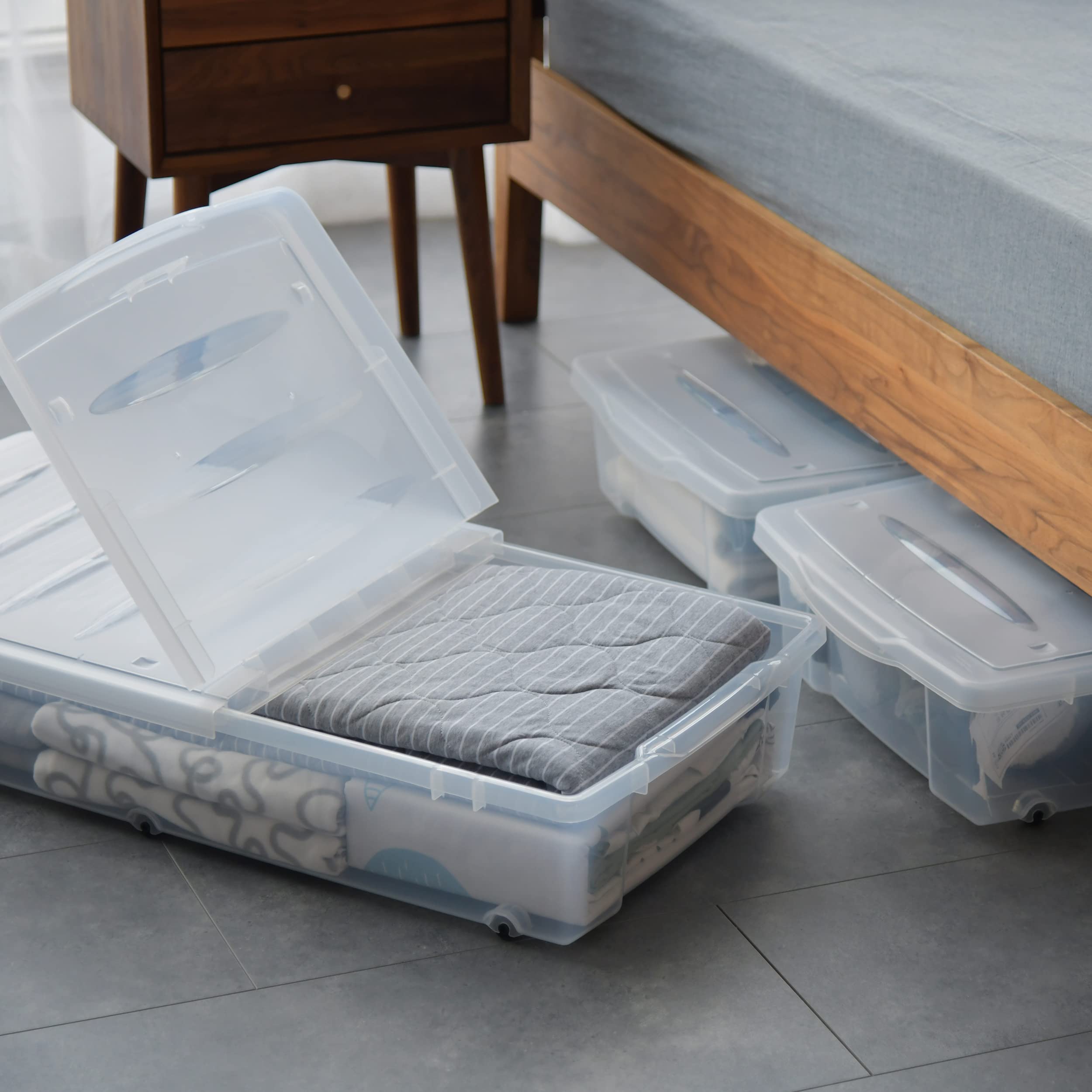 Citylife 2 Packs 57 QT Plastic Under Bed Storage Bins with Double-opening Lids Clear Underbed Storage Containers with Wheels for