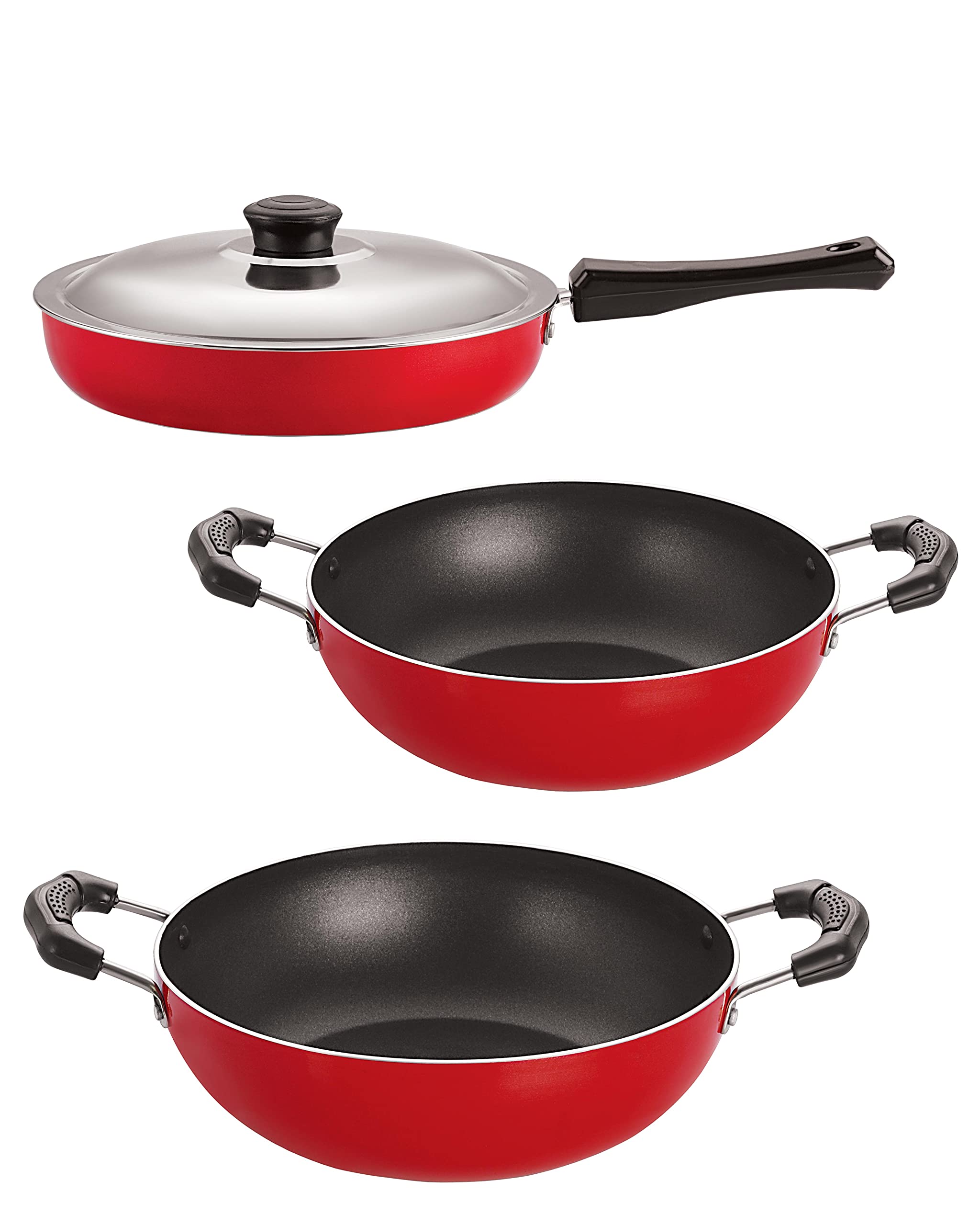Nirlon Non Stick 3 Piece Combo Set Aluminium Red & Black