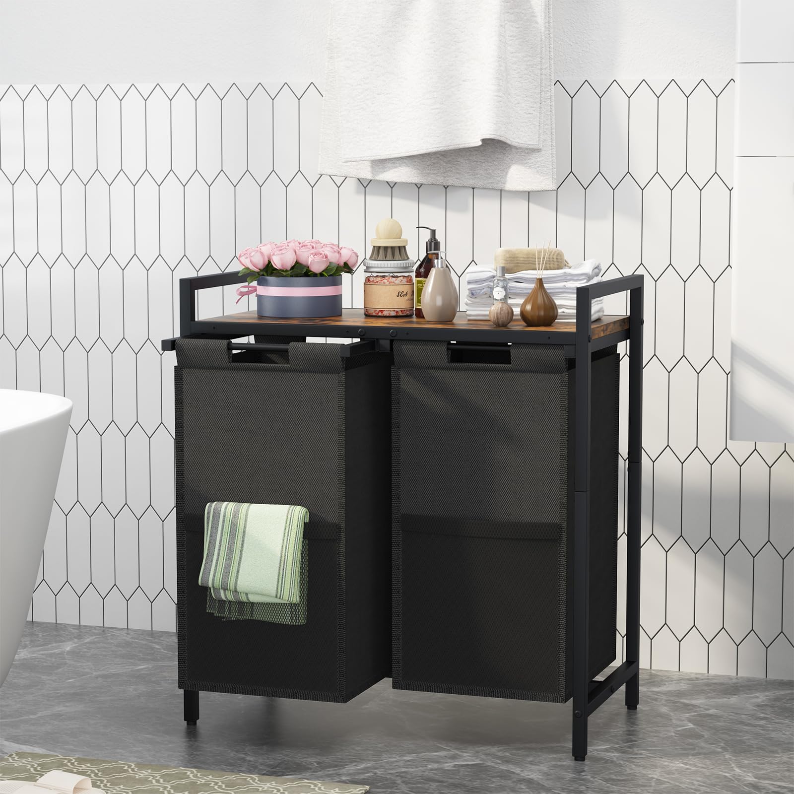 Huhote Laundry Hamper, Double Laundry Basket, Laundry Sorter With Top Shelf & 2 Removable Washable Bags & Side Pockets For Laund