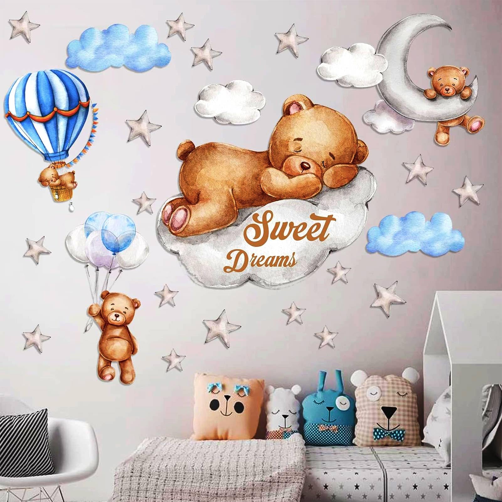 Tedy Bear Sleeping On The Moon And Stars Wall Stickers For Kids Baby Room Decor Sweet Dream Moon Hot Air Star Baby Nursery Decor