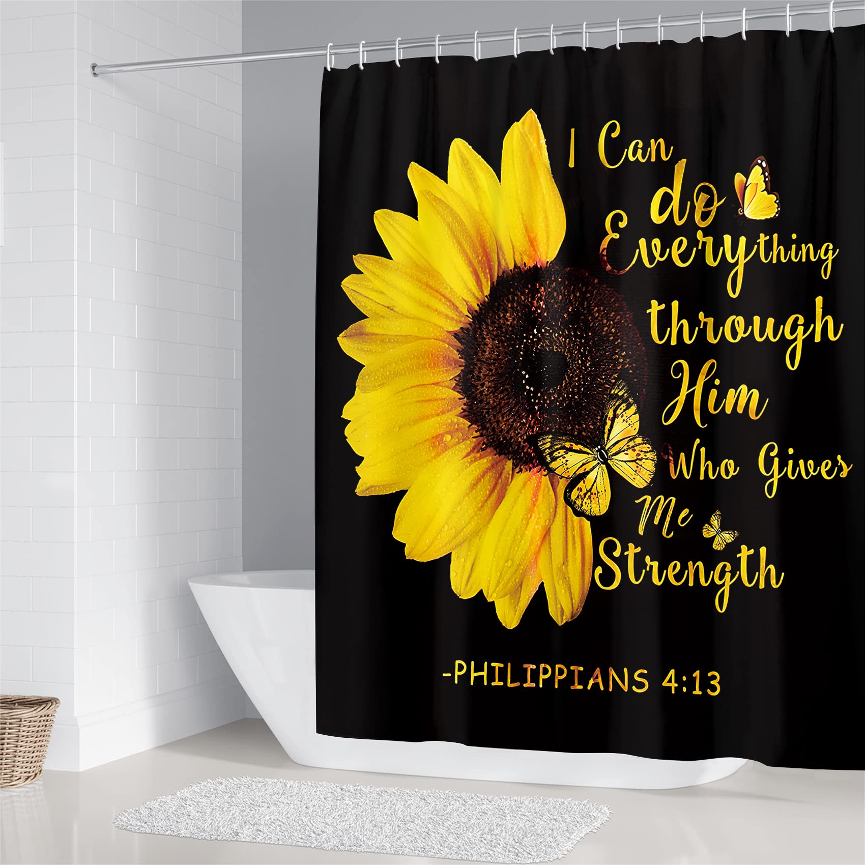 Azhm 4Pcs Sunflower Shower Curtain Set Quotes Flower Bathroom Decor Sets With Rugs Bathroom Accessories Set Bathroom Curtain Sho