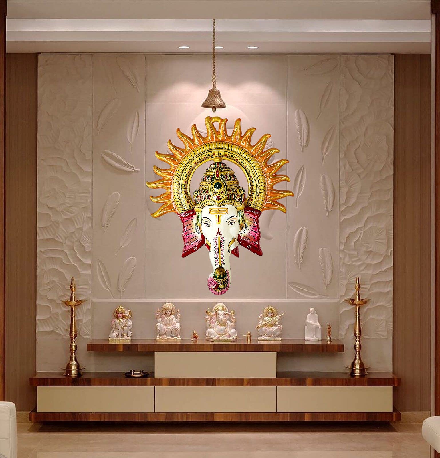 Antiques Nirmala Metal Multicolor Vastu Ganesha Mask With Surya Wall Hanging Religious Wall Decer Puja Room Decor Colorful Decor