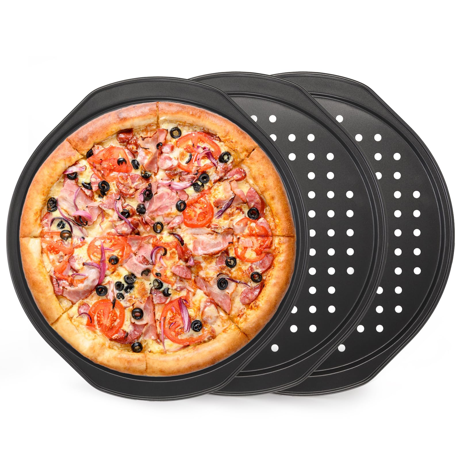 Topzea 3 Pack Pizza Tray For Oven, 12 Inch Non-Stick Carbon Steel Pizza Pans With Holes & Handles, Crisper Pans Round Cookie Bak