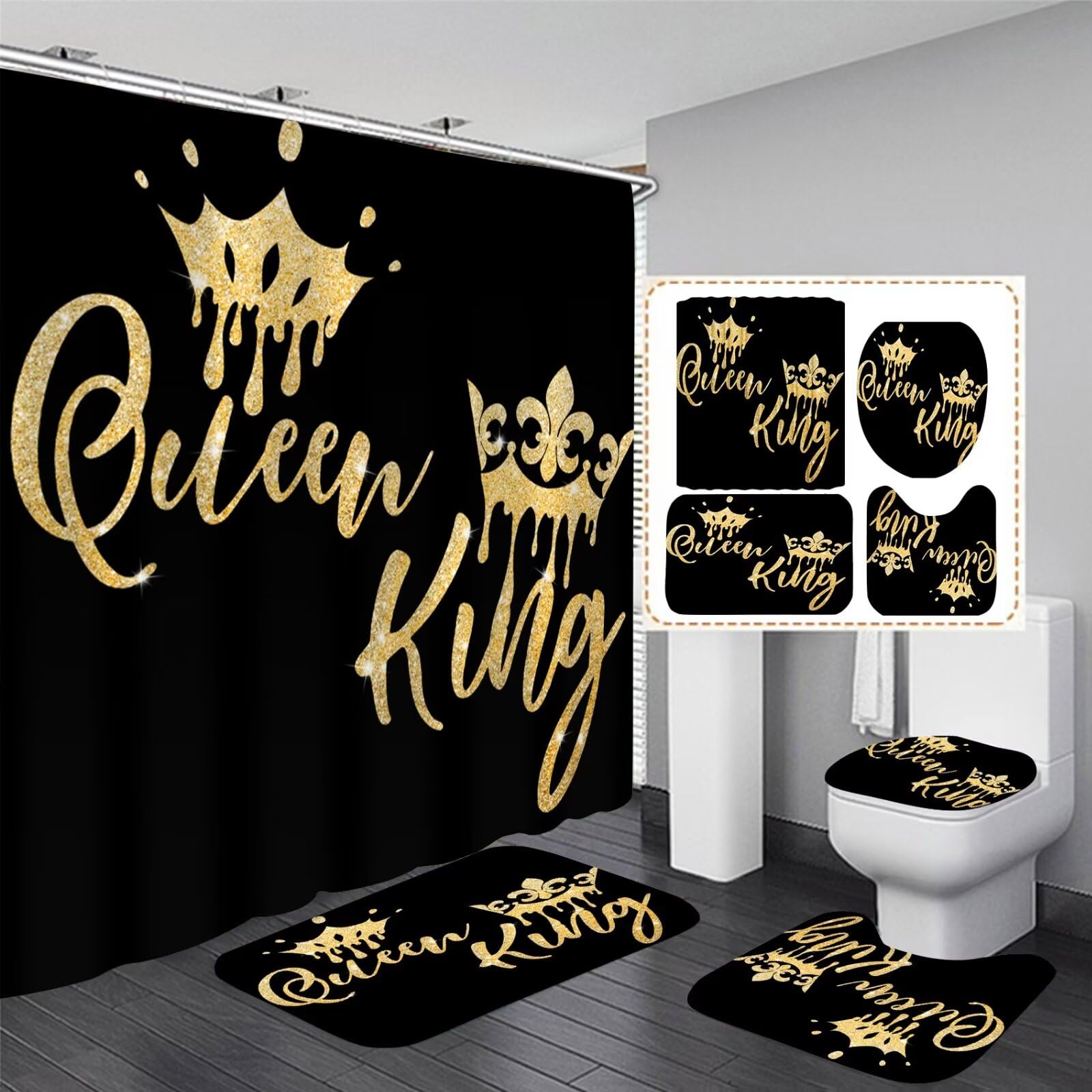 Azhm Queen And King Shower Curtain Set For Bathroom 4 Pcs Black Bathroom Accessory Decor Sets With Shower Curtain And Rugs
