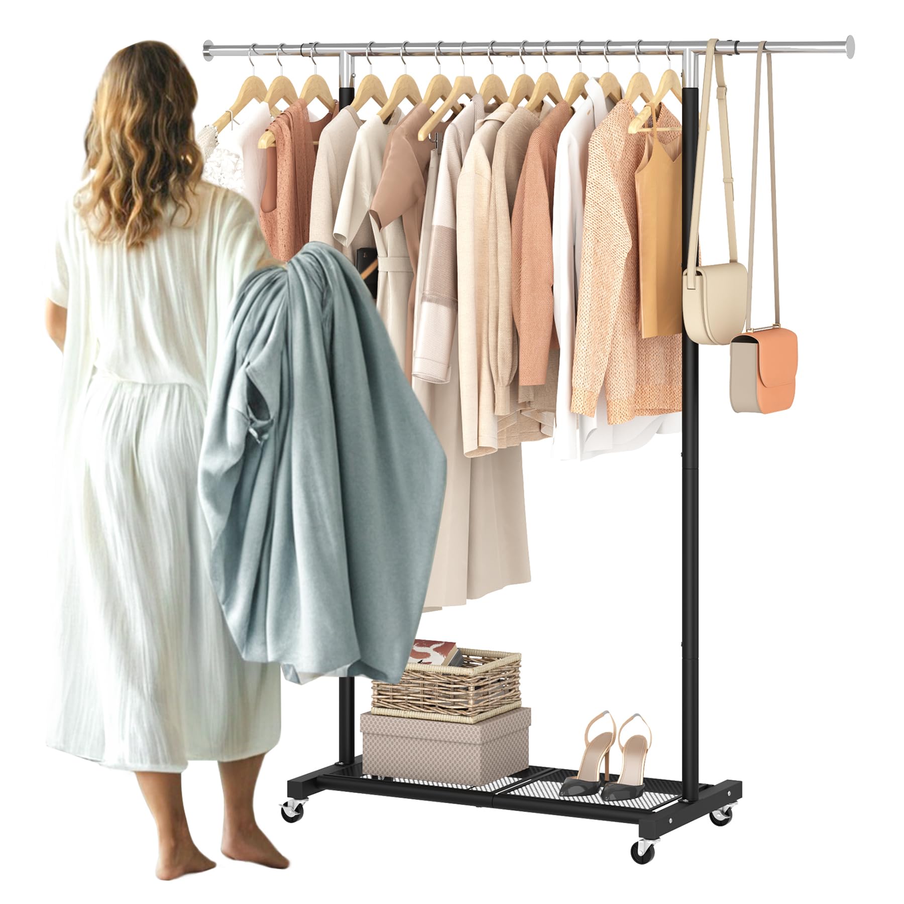 Jiuyotree Rolling Clothes Rack With Dense Mesh Storage Shelf Clothing Garment Rack With Wheels Width Adjustable Clothing Organiz