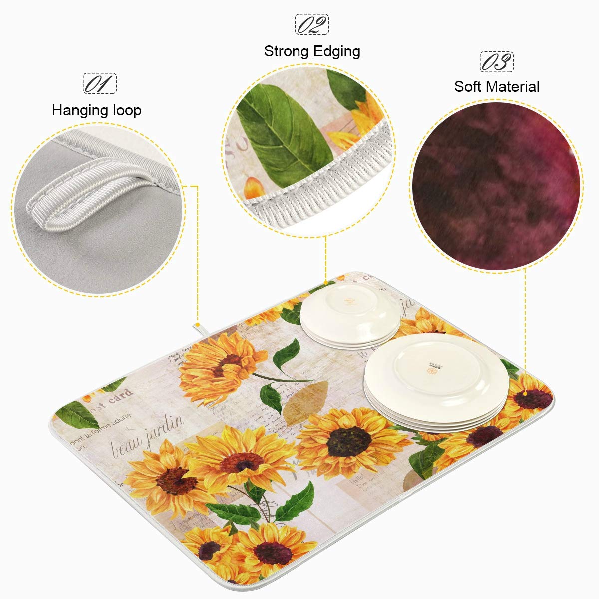 Qilmy Sunflowers Dish Drying Mat Water Absorption Tableware Drying Mat For Kitchen Countertop Home Decoration, 16 X 18 Inch Non
