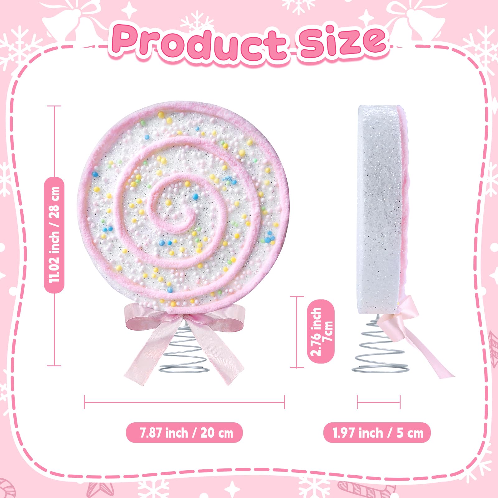 APUDWN Christmas Tree Topper Pastel Lollipop Christmas Tree Topper with Pink Bow 7.87 inch Sparkling Candy Cane Treetop Decorati
