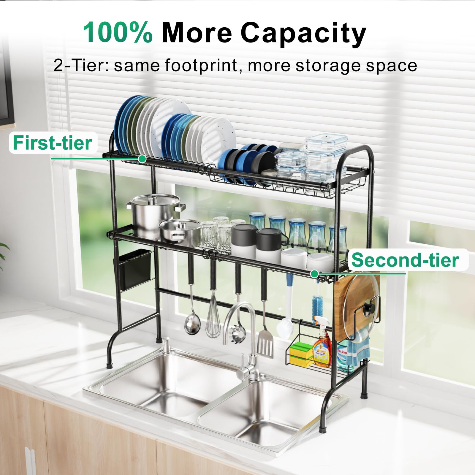 Gslife Stainless Steel Over The Sink Dish Drying Rack - 2 Tier Dish Rack Over Sink, Dish Drainer Rack With Utensil Holder And Cu