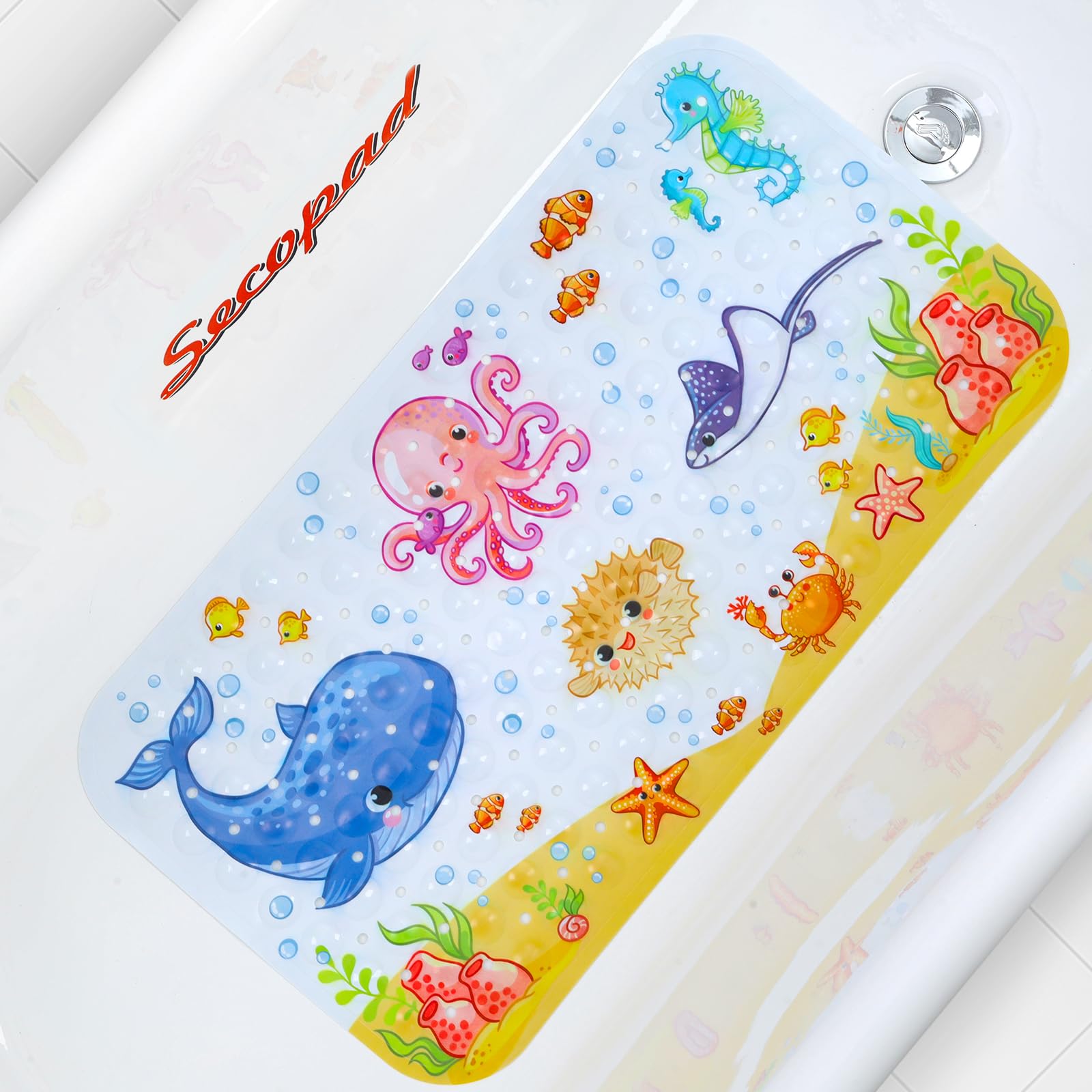 Secopad Kids Bath Mat For Tub Non Slip, 27.5In X 15In Large Cartoon Anti Slip Toddler Baby Bathtub Mat, Pink Octopus