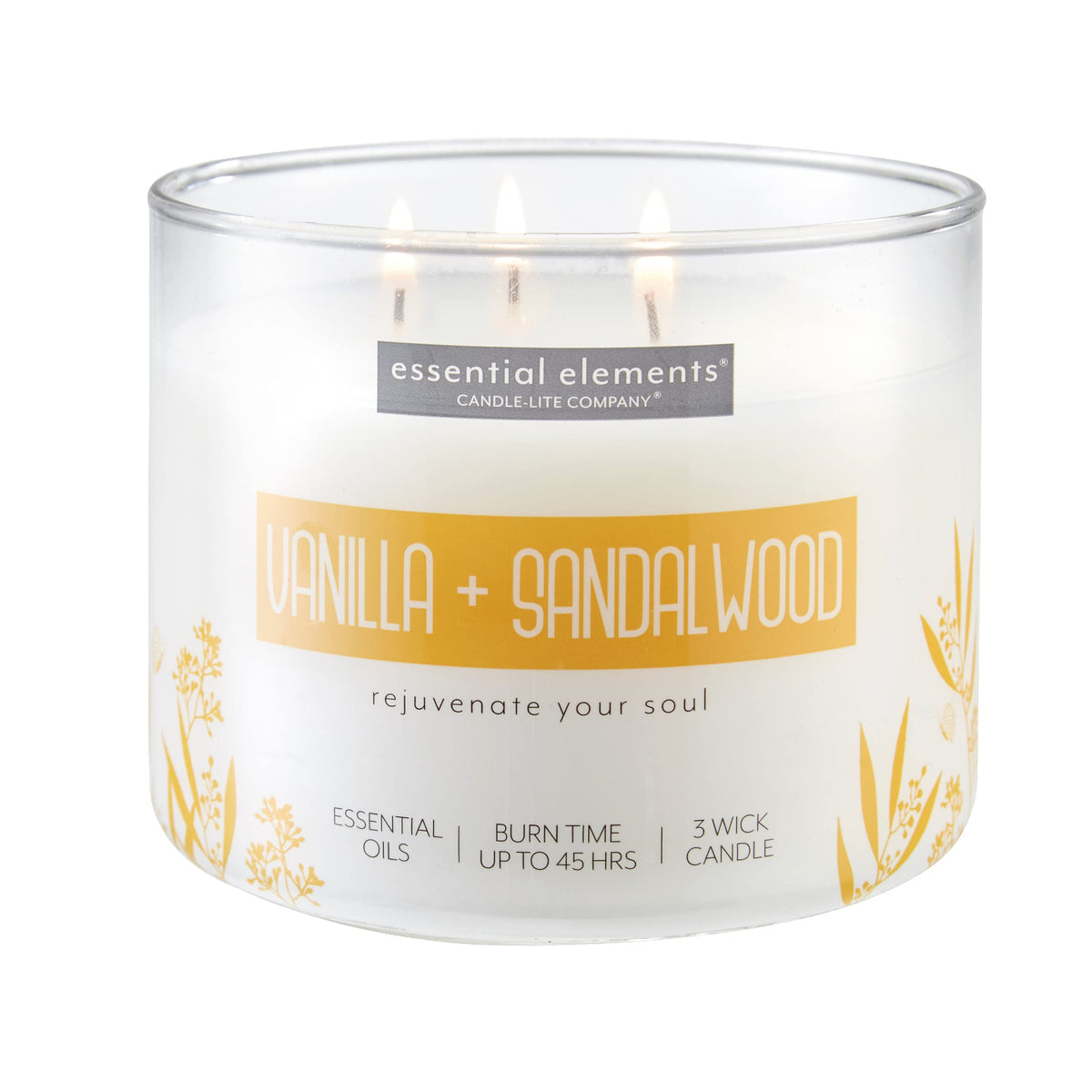 Essential Elements by Candle-lite Scented Candles, Vanilla & Sandalwood Fragrance, One 14.75 oz. Three-Wick Aromatherapy Candle