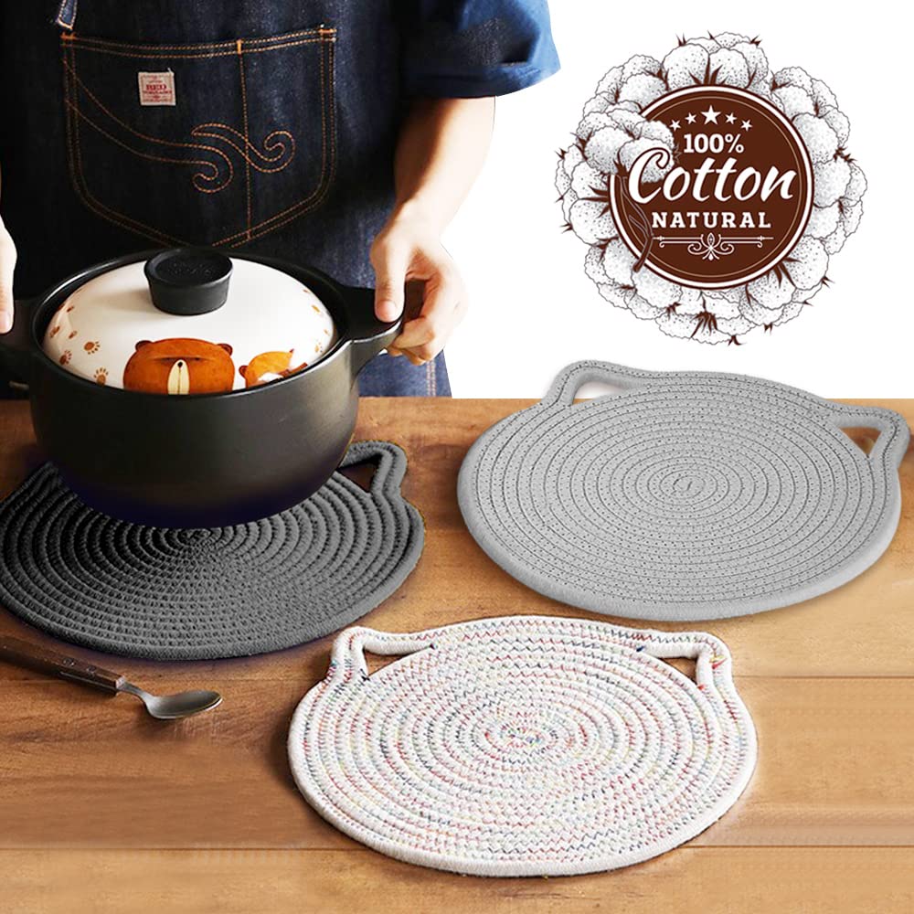 Yonovo 12'' Cotton Trivets Set, 3Pcs Cute Cat Ear Large Pot Holders Woven Hot Pads Mats Thick Heat Resistant For Hot Pots And Pa