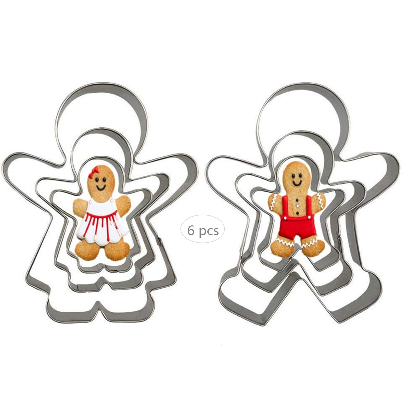 Gingerbread Man And Gingerbread Woman Shaped Cookie Cutters Set Of 6 Pcs, Stainless Steel Boys And Girls Fondant Cut-Outs Set Ba