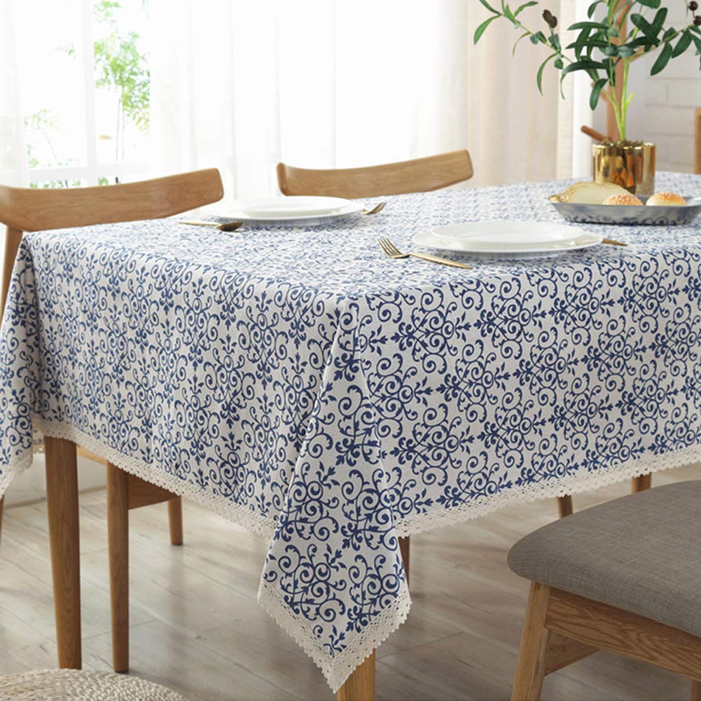 Amzali Vintage Washable Cotton Linen Fabric Navy Damask Pattern Macrame Square Tablecloth Dinner Picnic Table Cloth Home Decorat